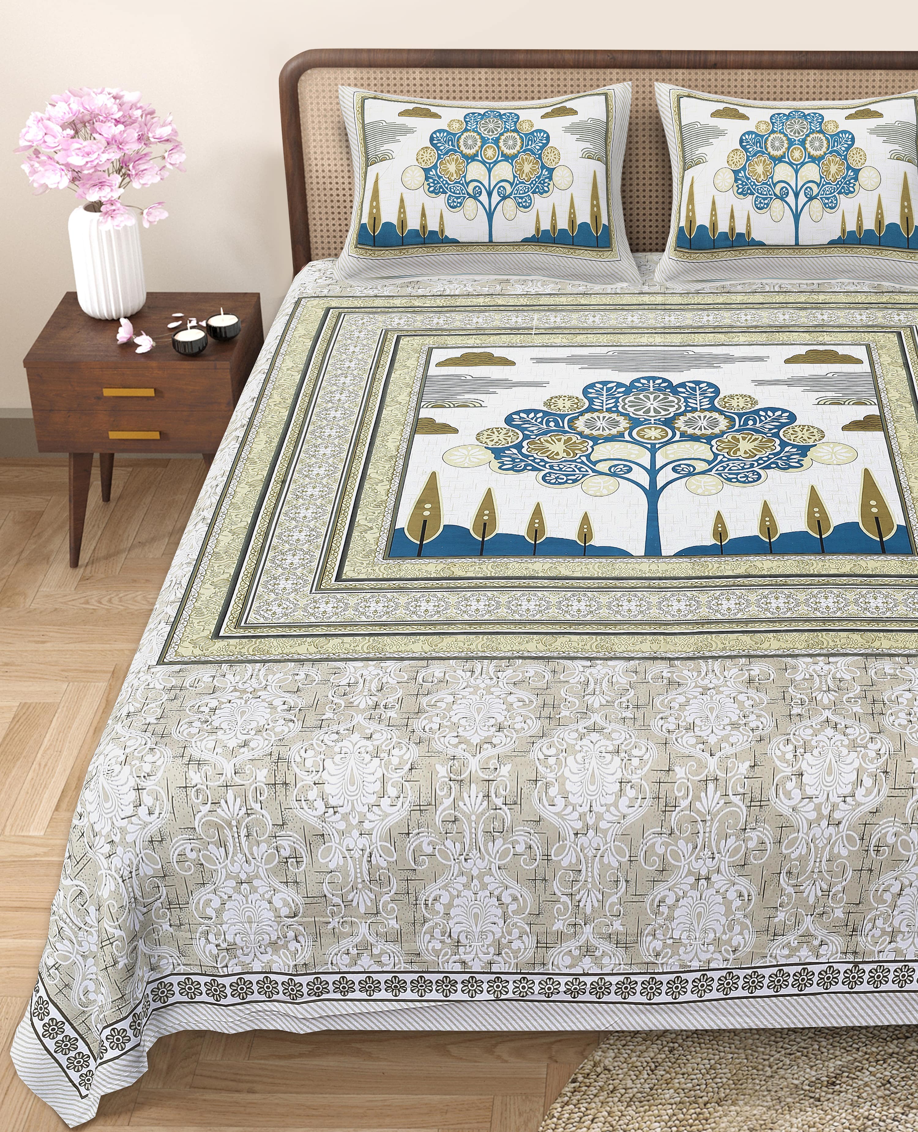 Rangmahal Collection 90x108 Viscose Double Bedsheet with Artistic Tree of Life Design & Matching Pillow Covers