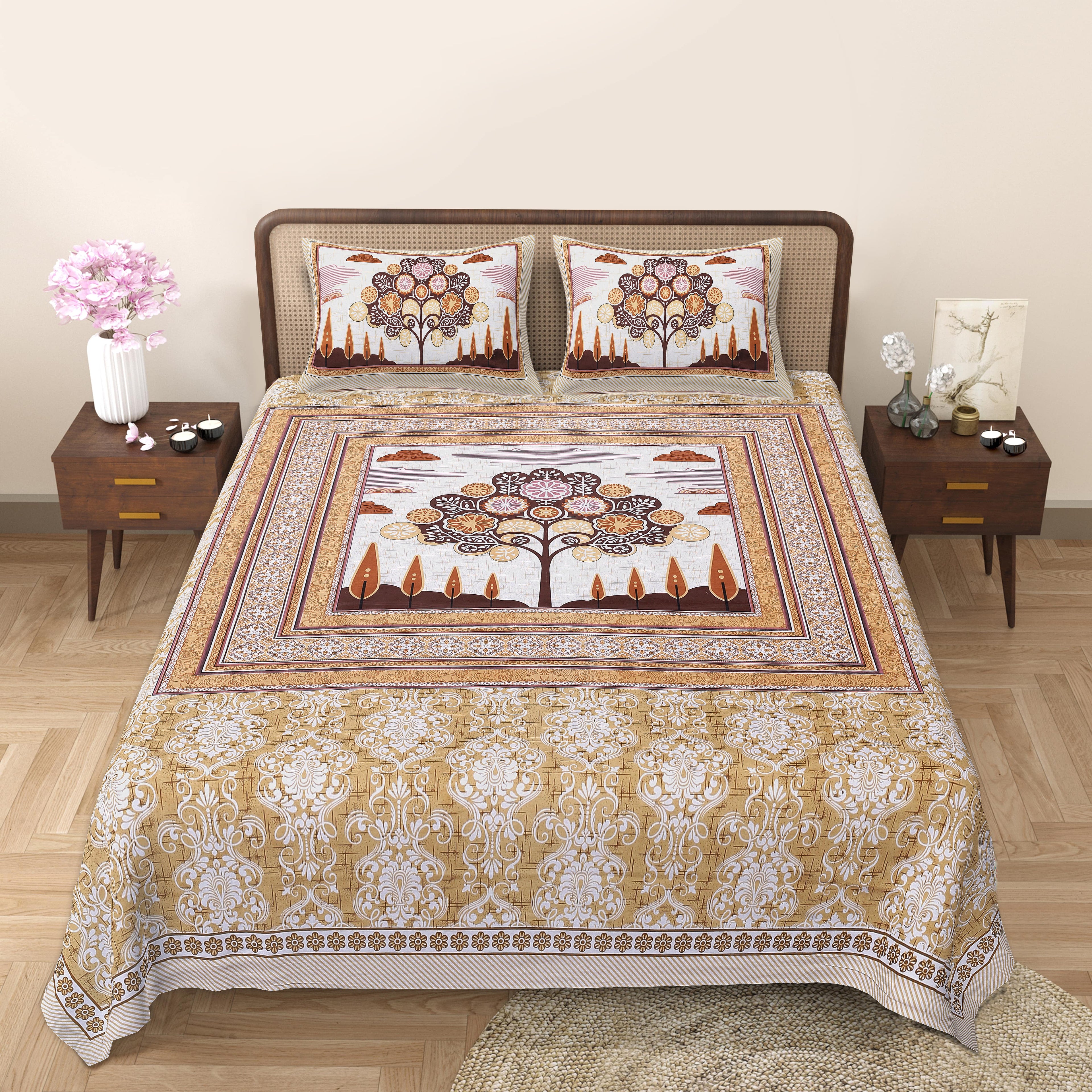Rangmahal Collection 90x108 Viscose Double Bedsheet with Artistic Tree of Life Design & Matching Pillow Covers