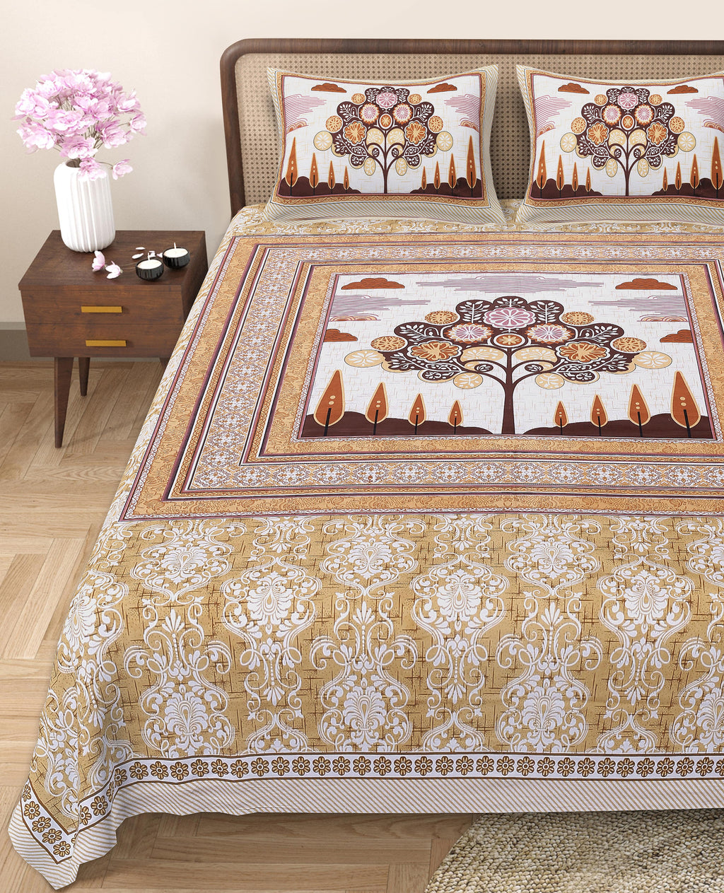 Rangmahal Collection 90x108 Viscose Double Bedsheet with Artistic Tree of Life Design & Matching Pillow Covers
