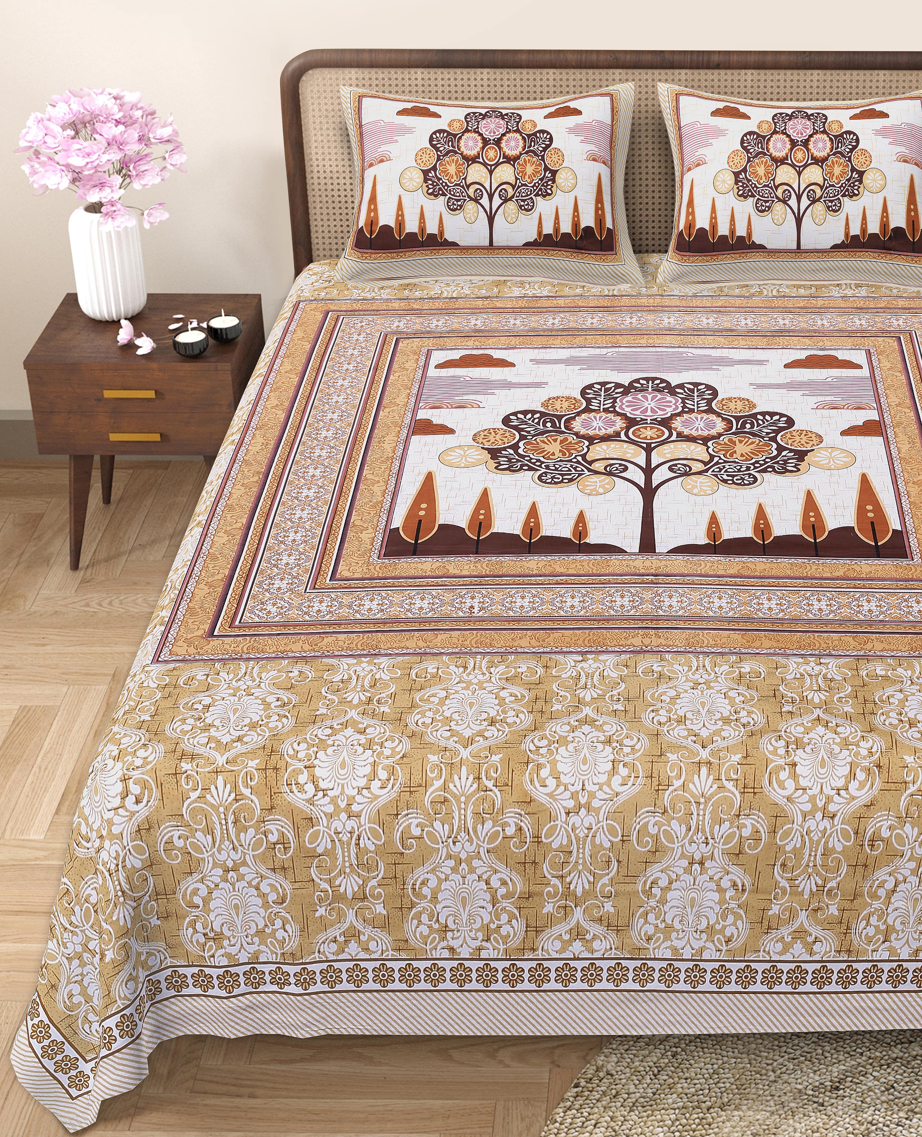 Rangmahal Collection 90x108 Viscose Double Bedsheet with Artistic Tree of Life Design & Matching Pillow Covers