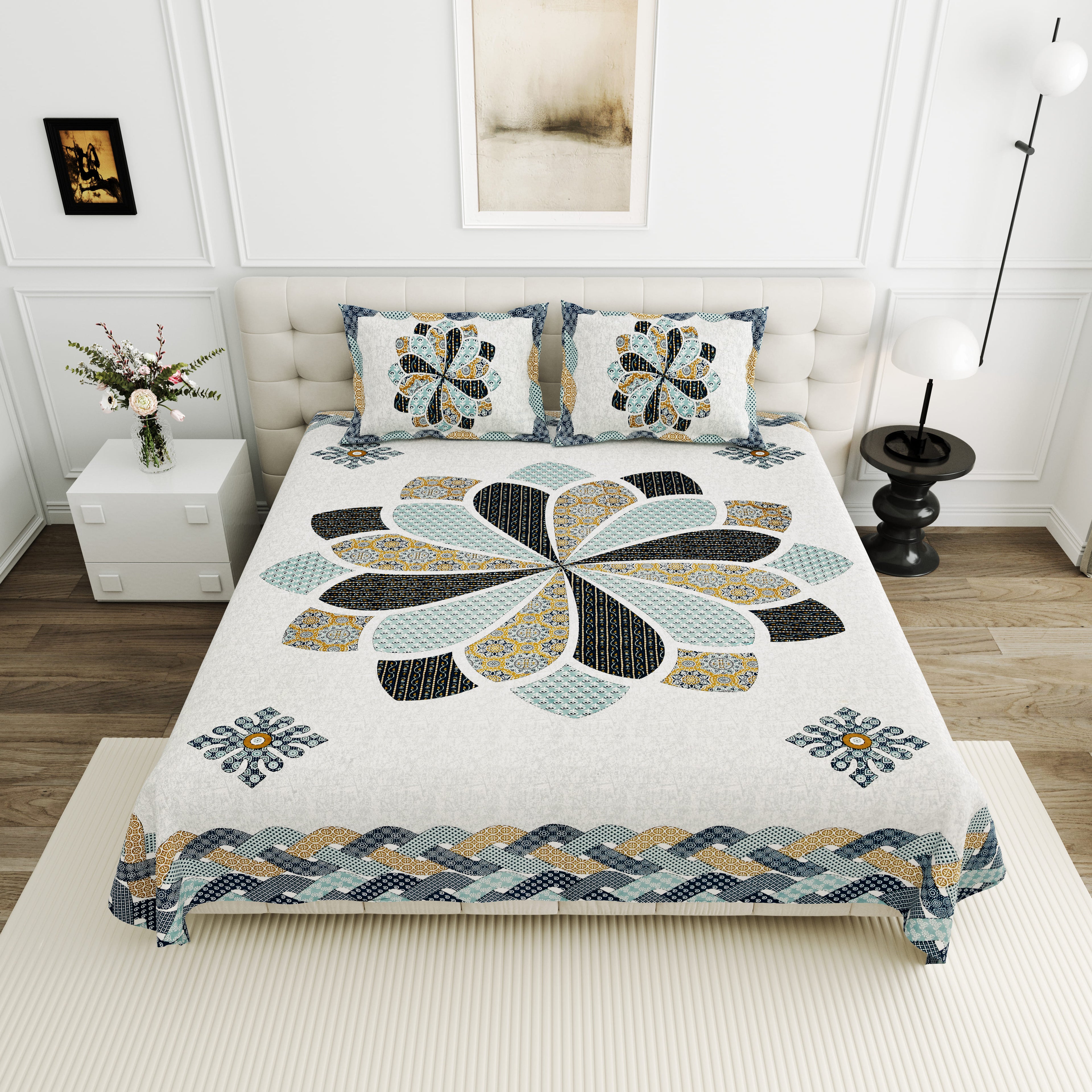 Viscose Gangour Collection 95x108 Double Bedsheet with Bold Floral Medallion Design