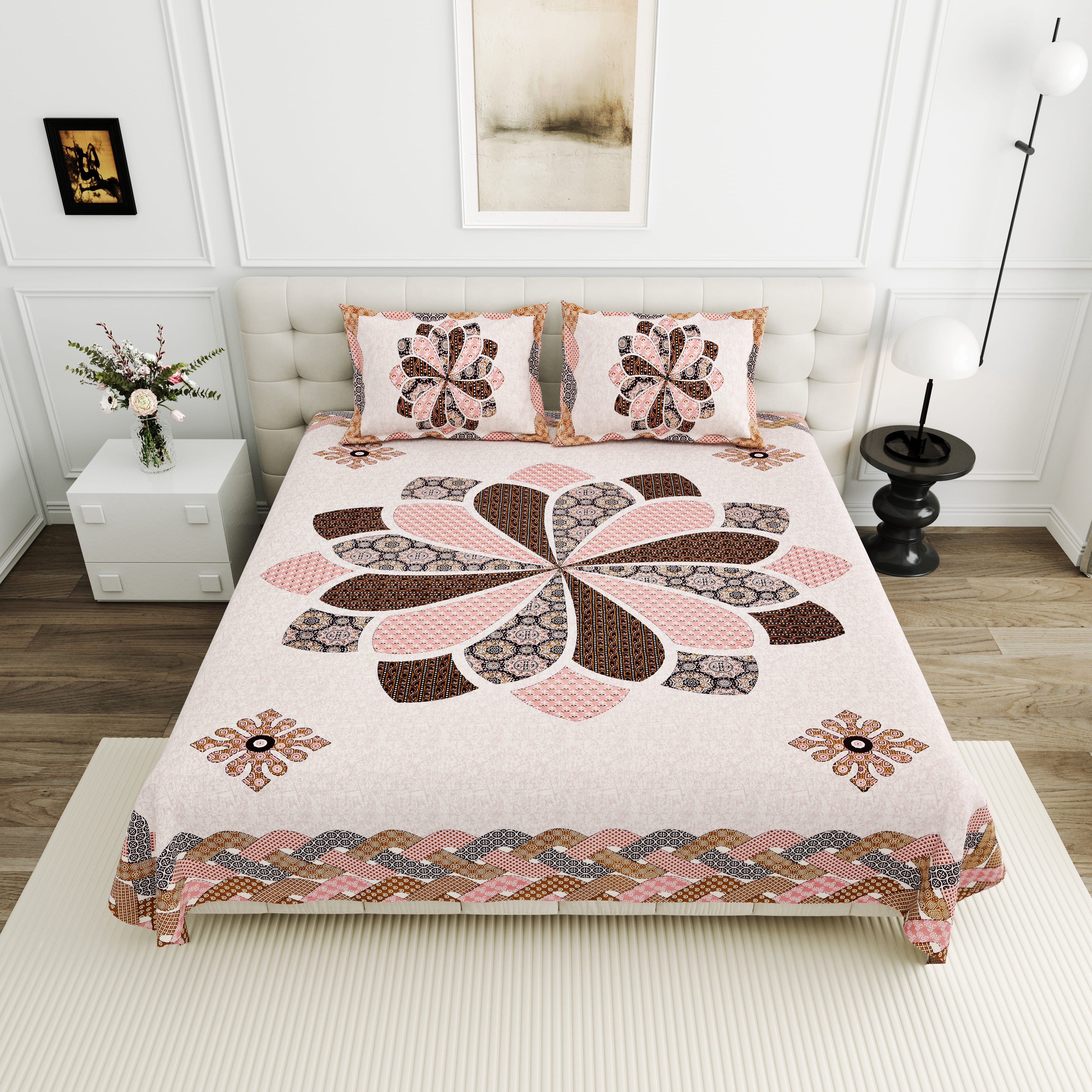 Viscose Gangour Collection 95x108 Double Bedsheet with Bold Floral Medallion Design