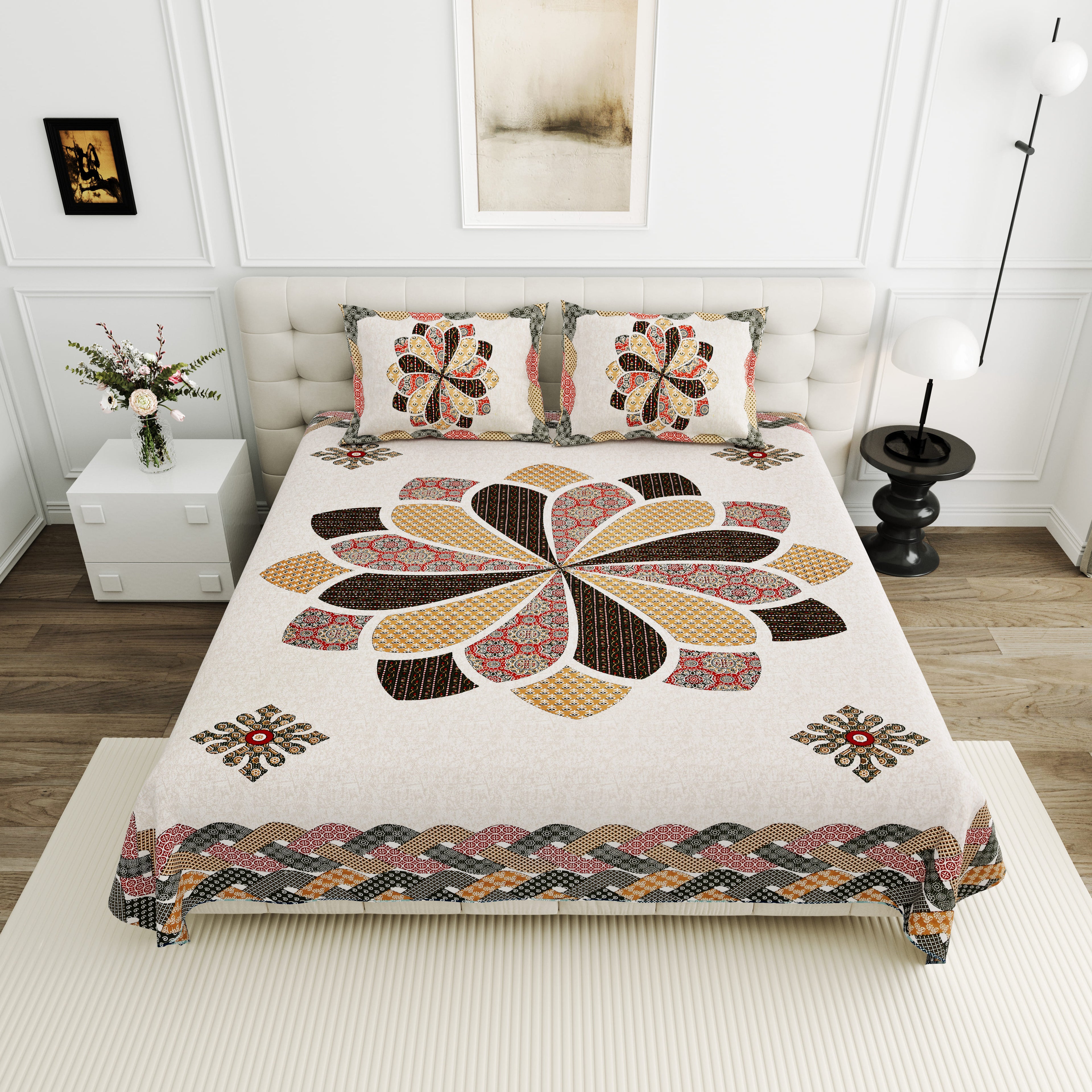 Viscose Gangour Collection 95x108 Double Bedsheet with Bold Floral Medallion Design