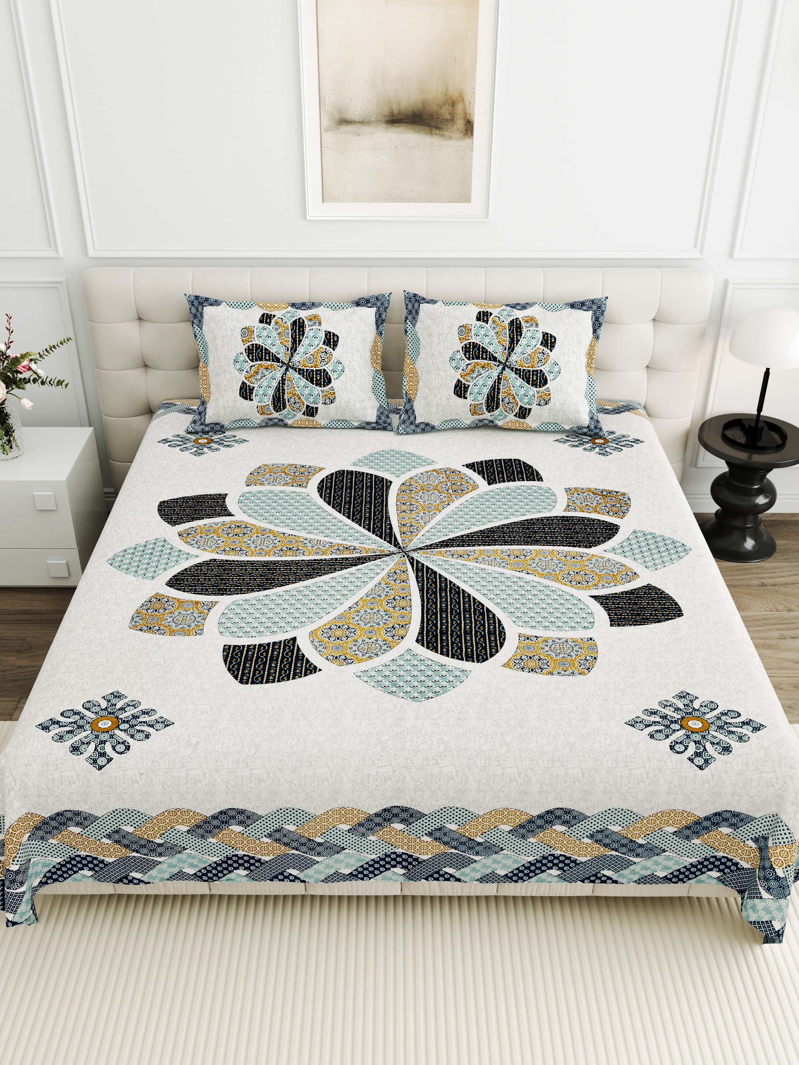 Viscose Gangour Collection 95x108 Double Bedsheet with Bold Floral Medallion Design