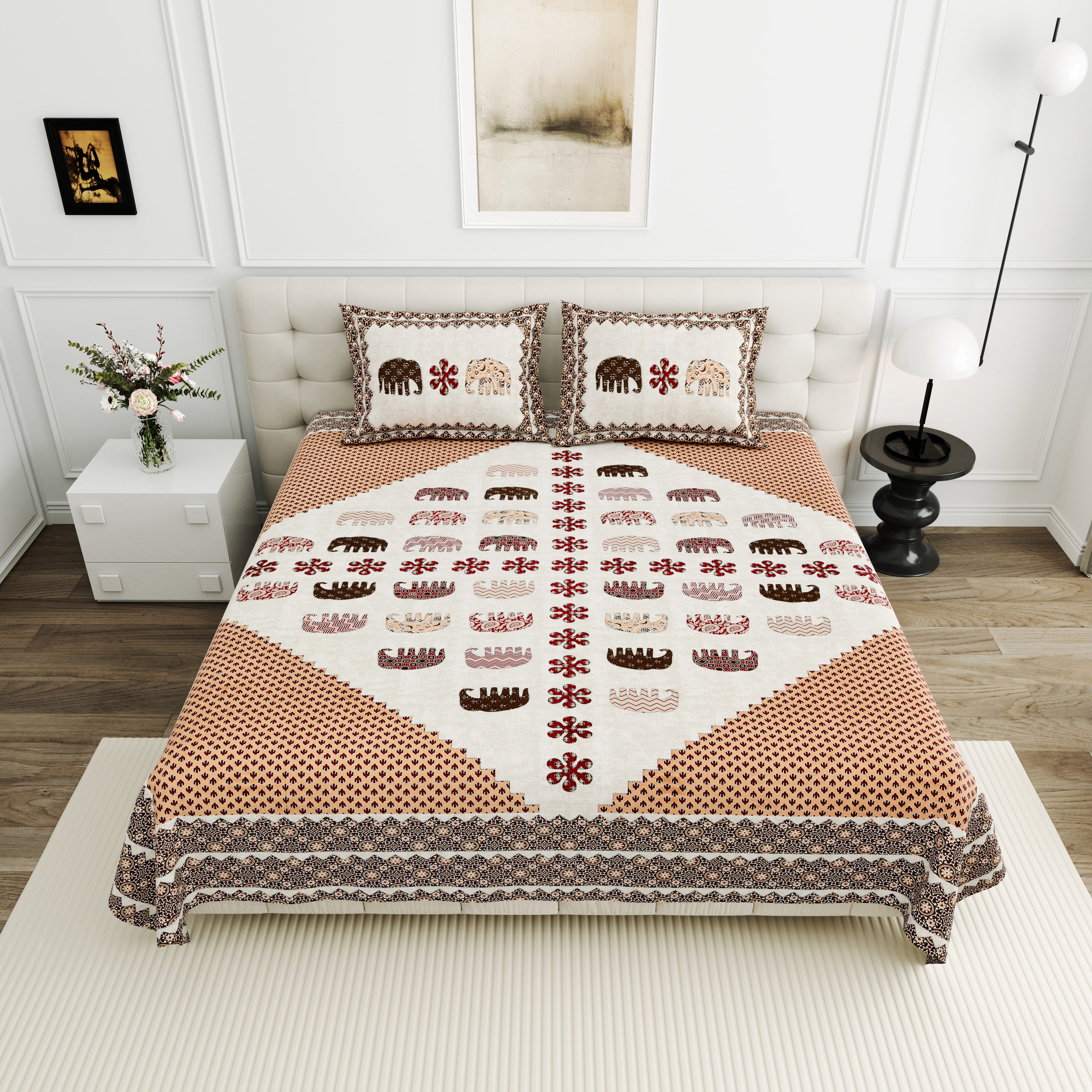 Viscose Gangour Collection 95x108 Double Bedsheet with Elephant & Motif Pattern