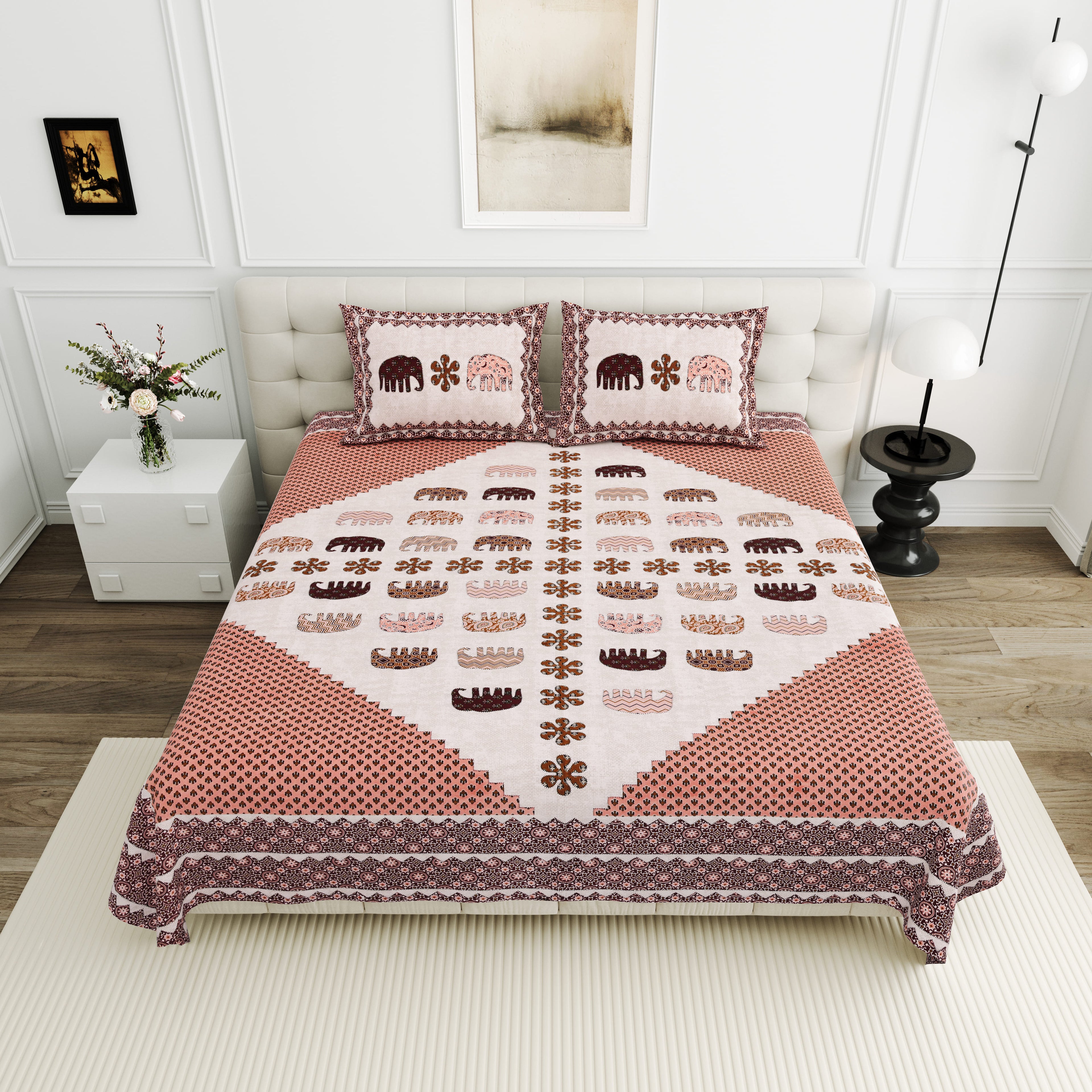 Viscose Gangour Collection 95x108 Double Bedsheet with Elephant & Motif Pattern