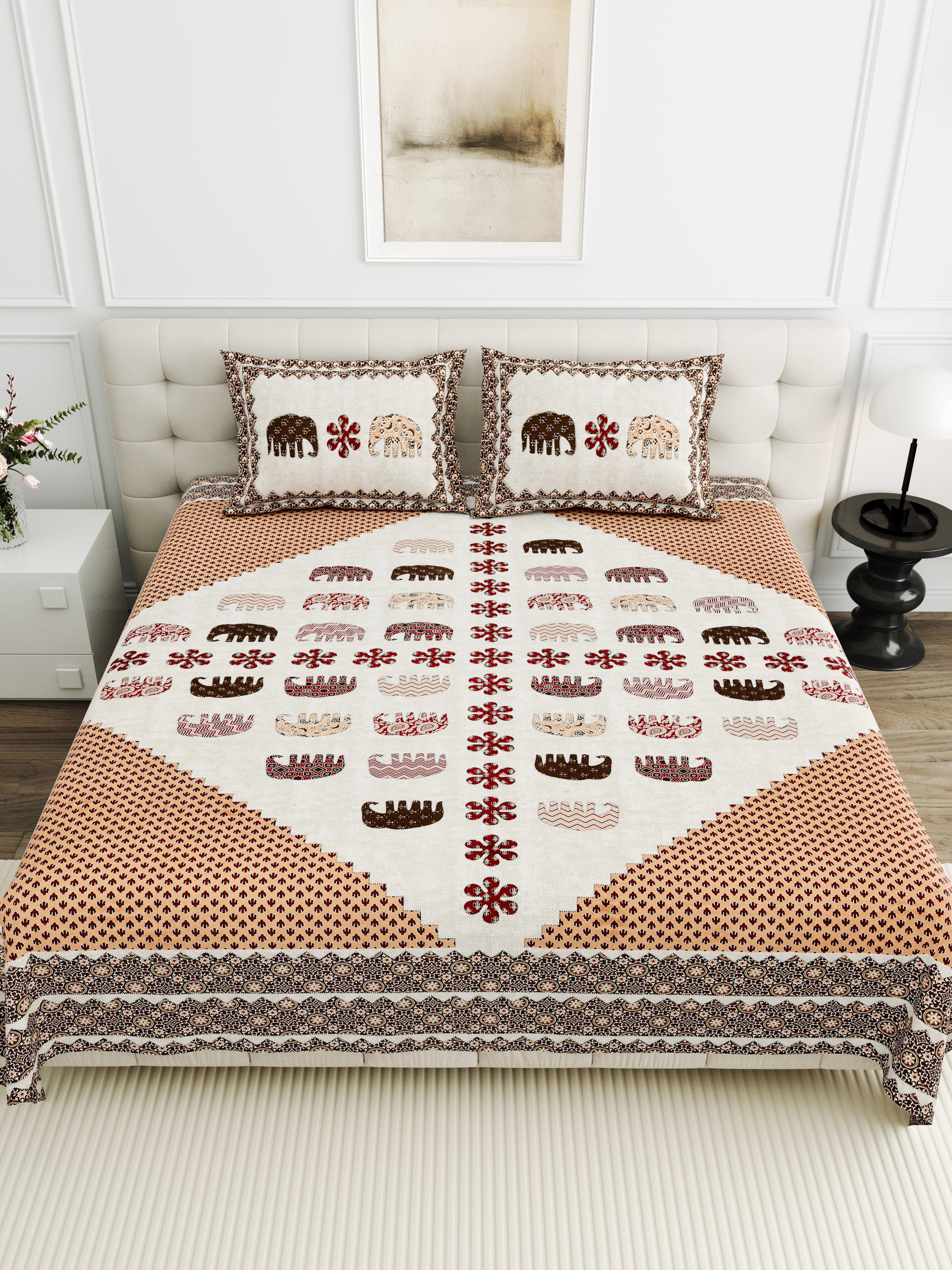 Viscose Gangour Collection 95x108 Double Bedsheet with Elephant & Motif Pattern