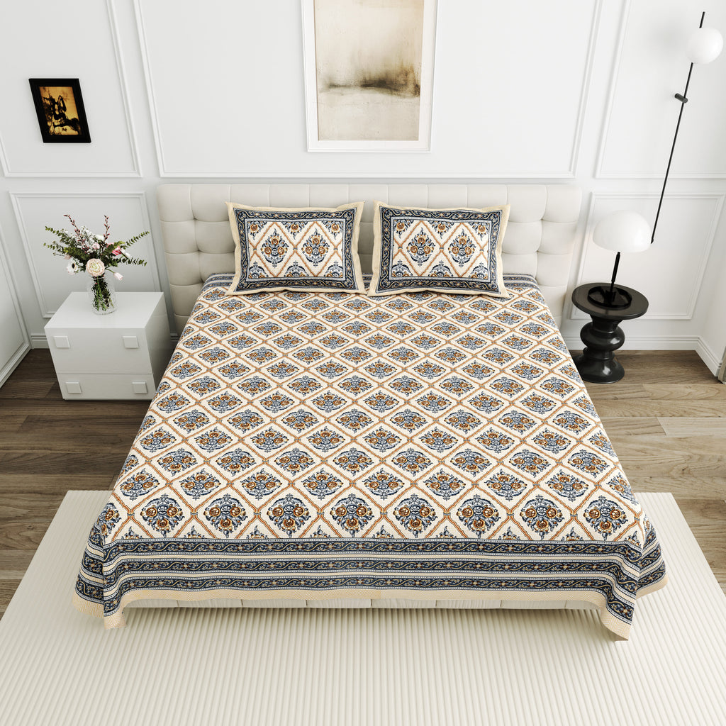 Viscose Bindaas Collection 95x108 Double Bedsheet with Diamond Floral Patterns & Pillow Covers