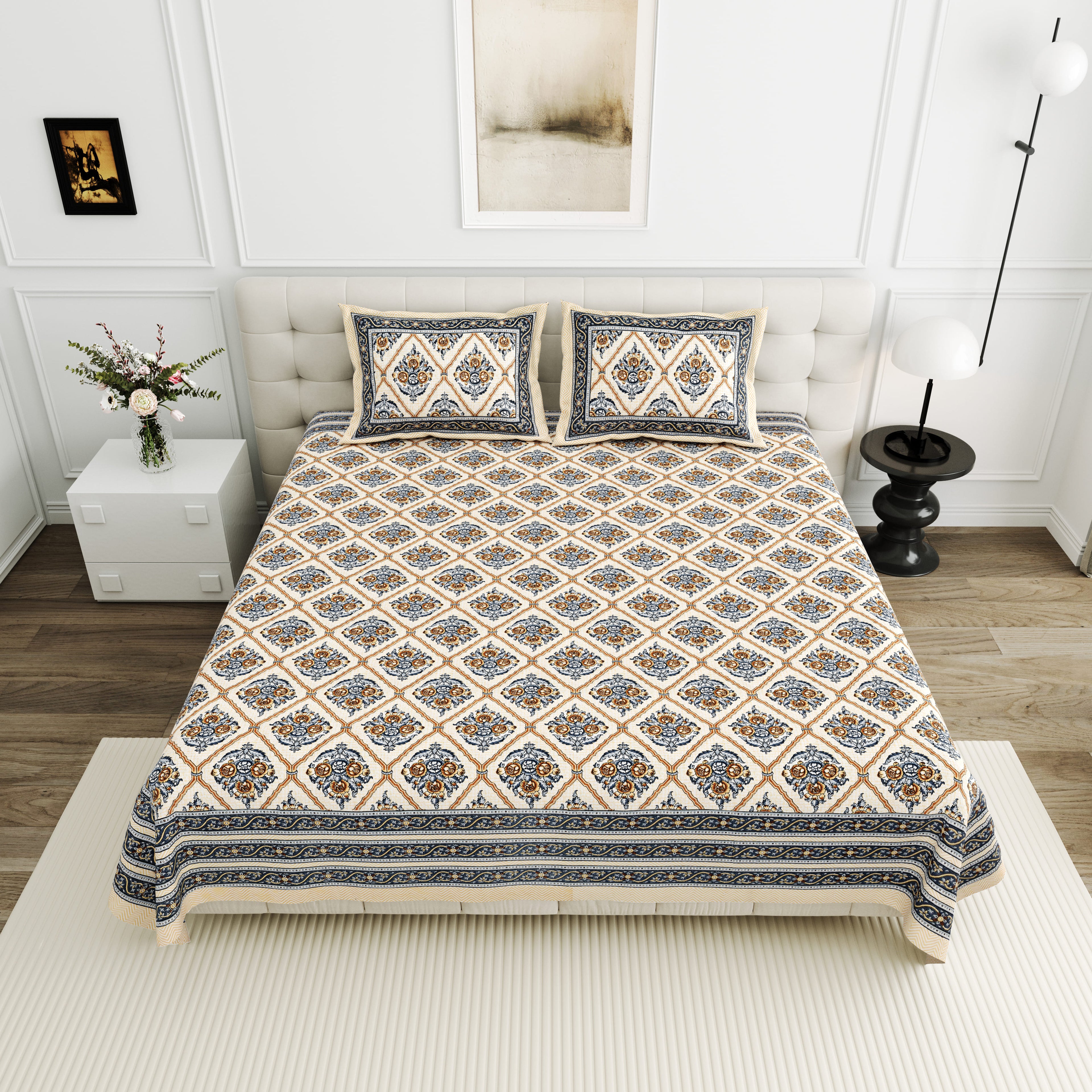 Viscose Bindaas Collection 95x108 Double Bedsheet with Diamond Floral Patterns & Pillow Covers