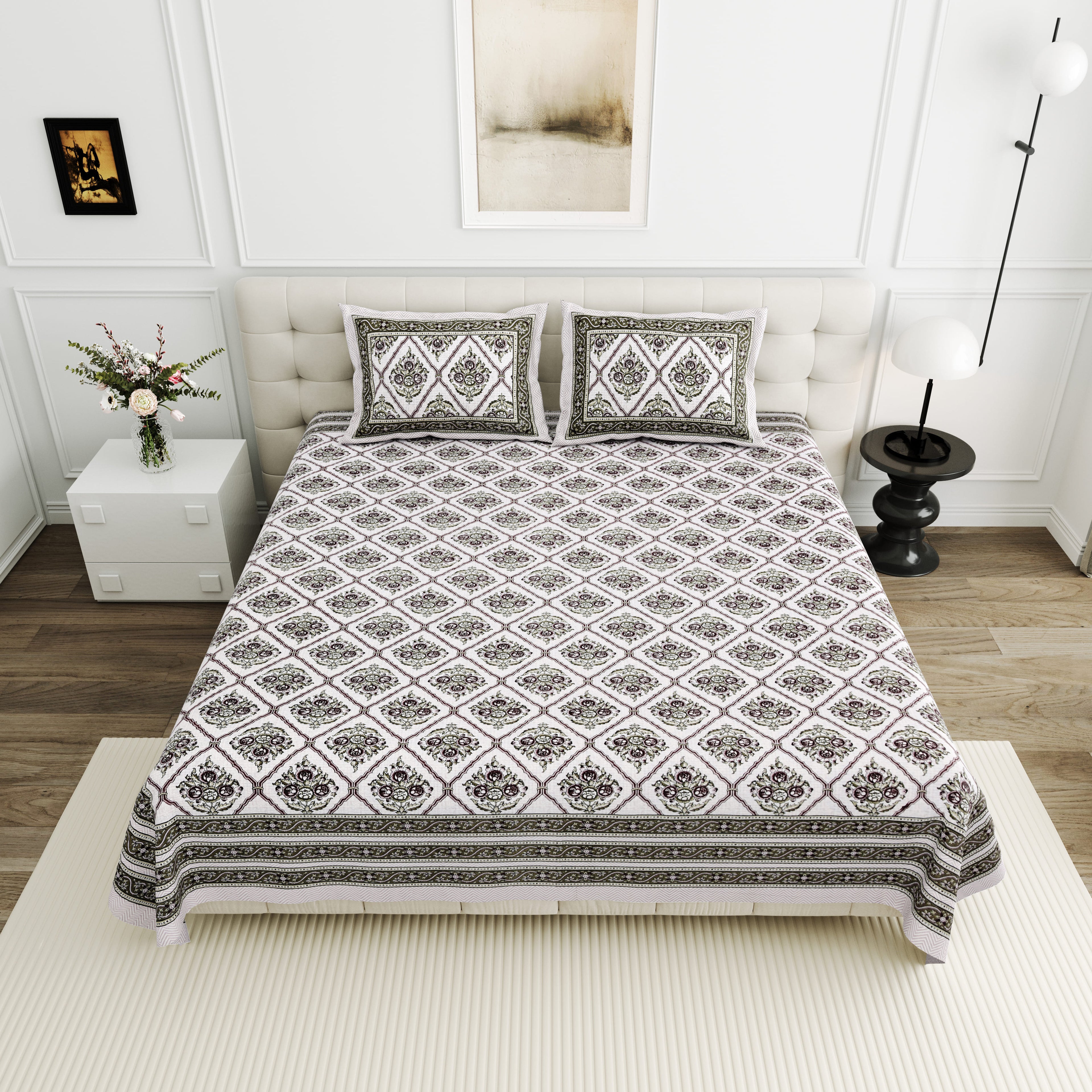 Viscose Bindaas Collection 95x108 Double Bedsheet with Diamond Floral Patterns & Pillow Covers