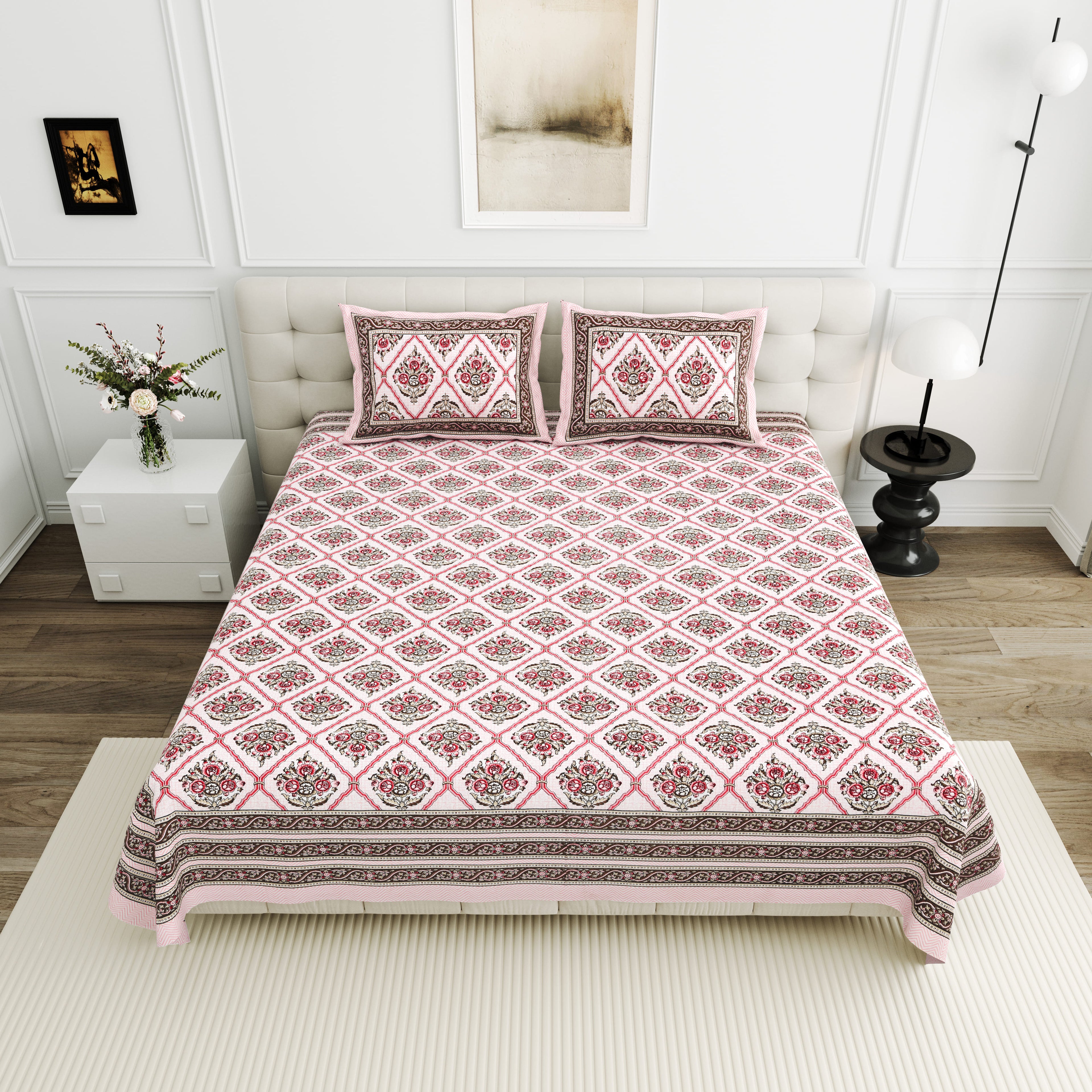 Viscose Bindaas Collection 95x108 Double Bedsheet with Diamond Floral Patterns & Pillow Covers