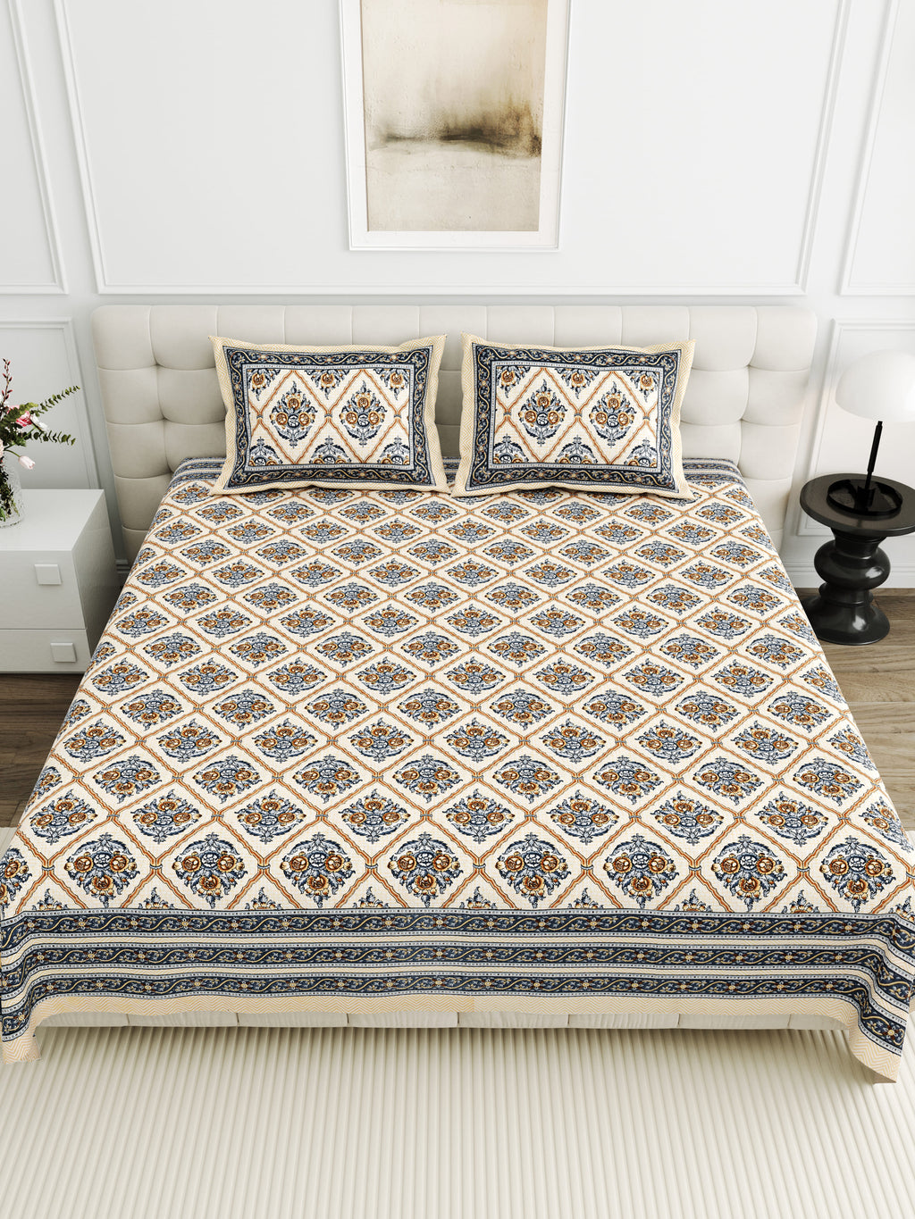 Viscose Bindaas Collection 95x108 Double Bedsheet with Diamond Floral Patterns & Pillow Covers