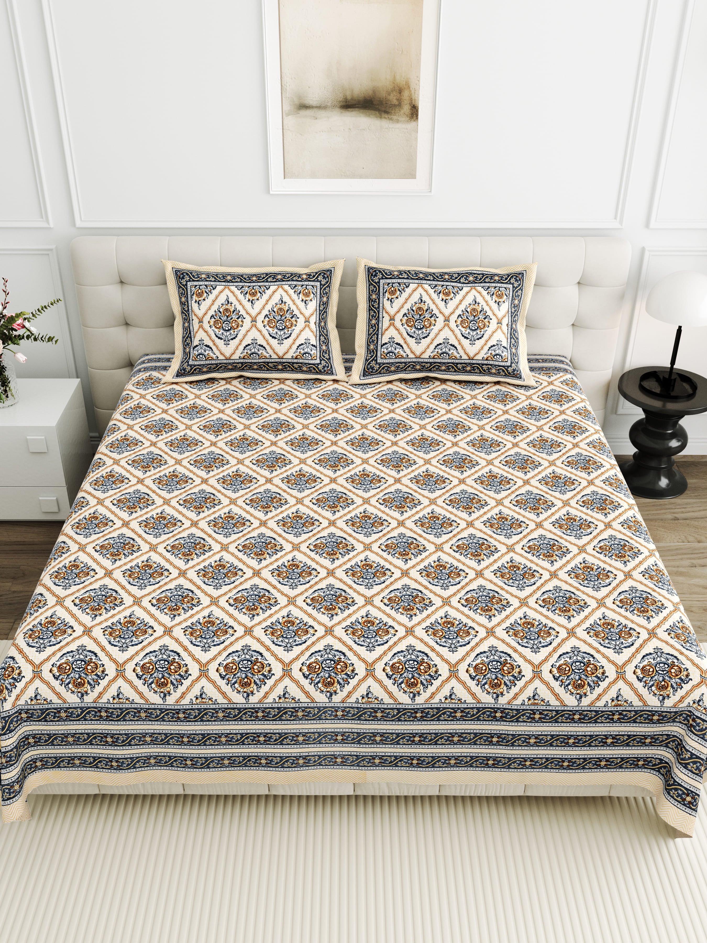 Viscose Bindaas Collection 95x108 Double Bedsheet with Diamond Floral Patterns & Pillow Covers