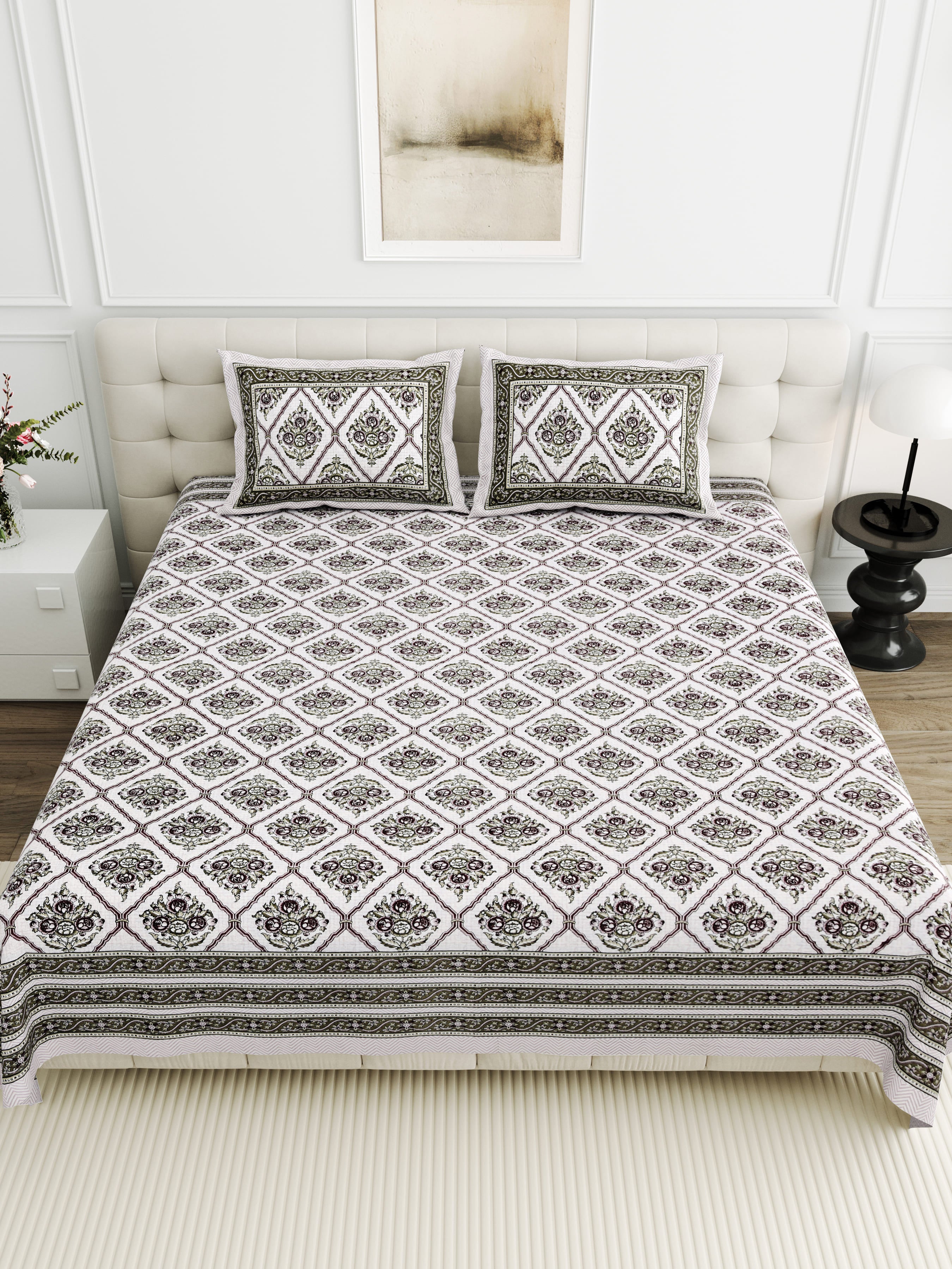 Viscose Bindaas Collection 95x108 Double Bedsheet with Diamond Floral Patterns & Pillow Covers