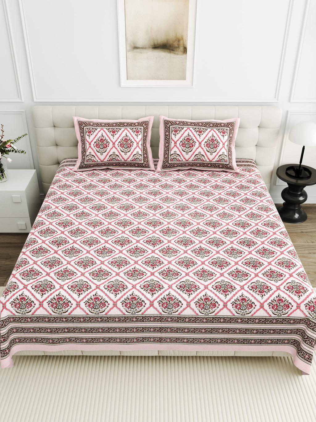 Viscose Bindaas Collection 95x108 Double Bedsheet with Diamond Floral Patterns & Pillow Covers