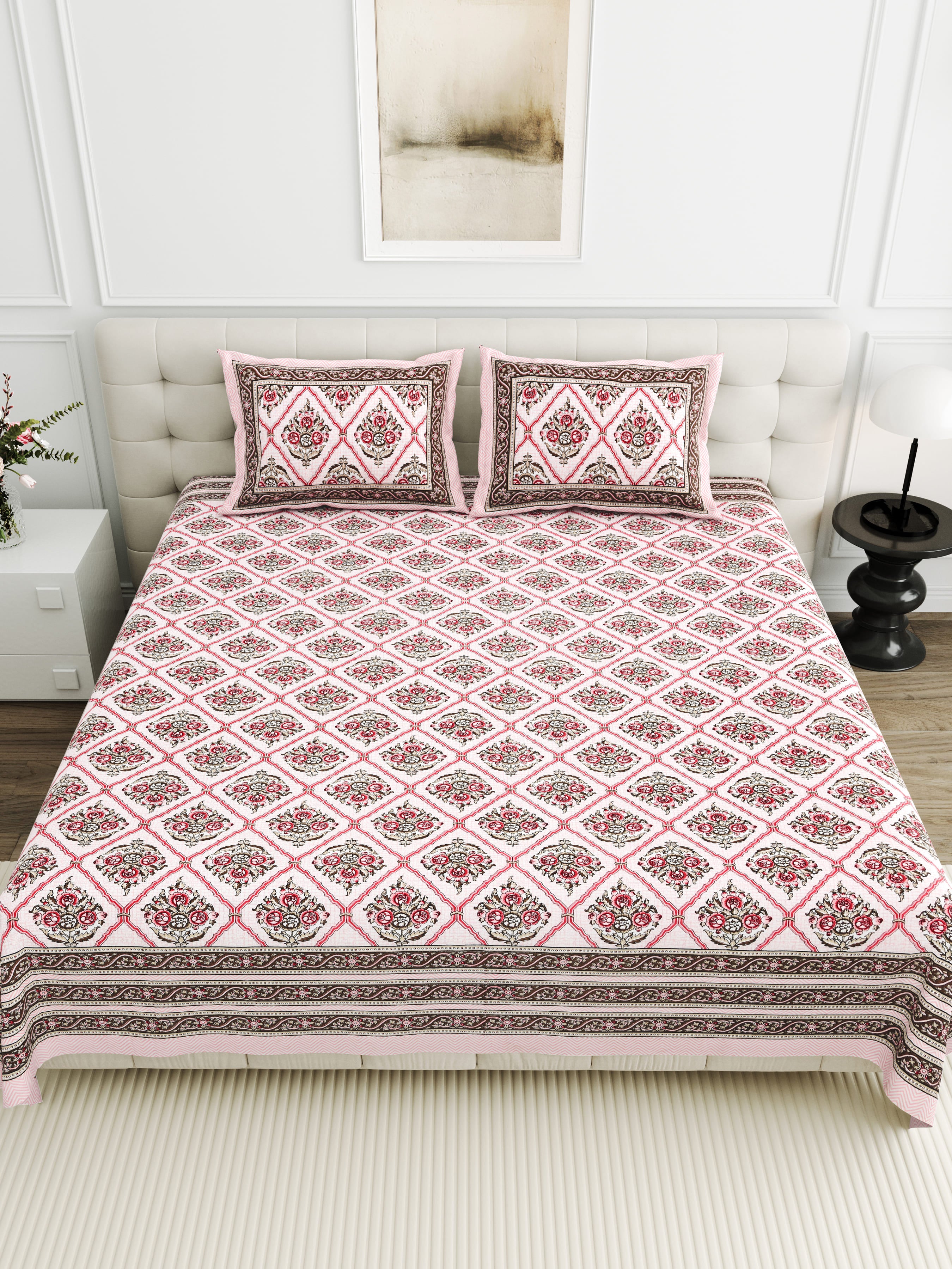Viscose Bindaas Collection 95x108 Double Bedsheet with Diamond Floral Patterns & Pillow Covers