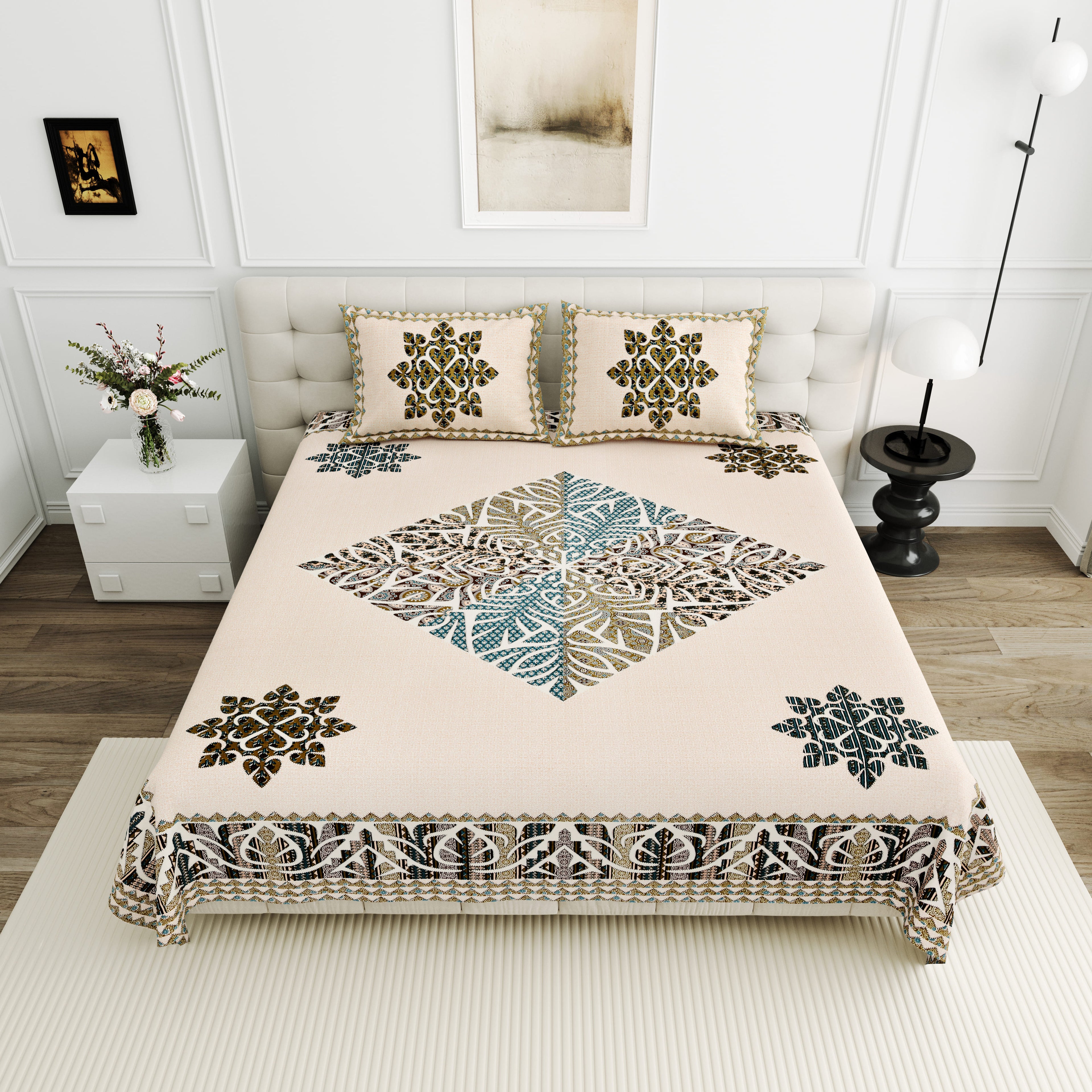 Viscose Gangour Collection 95x108 Double Bedsheet with Geometric Floral Design
