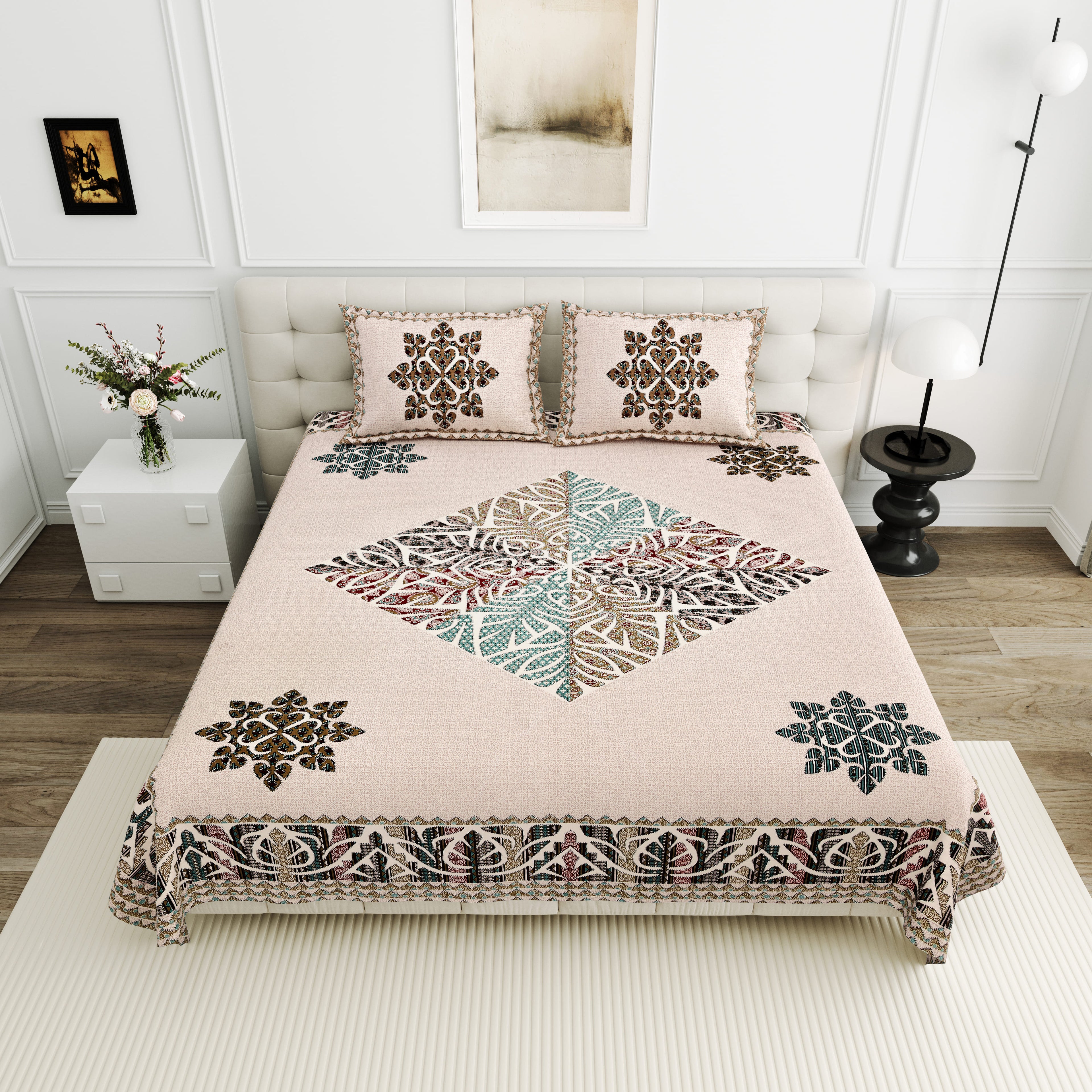 Viscose Gangour Collection 95x108 Double Bedsheet with Geometric Floral Design
