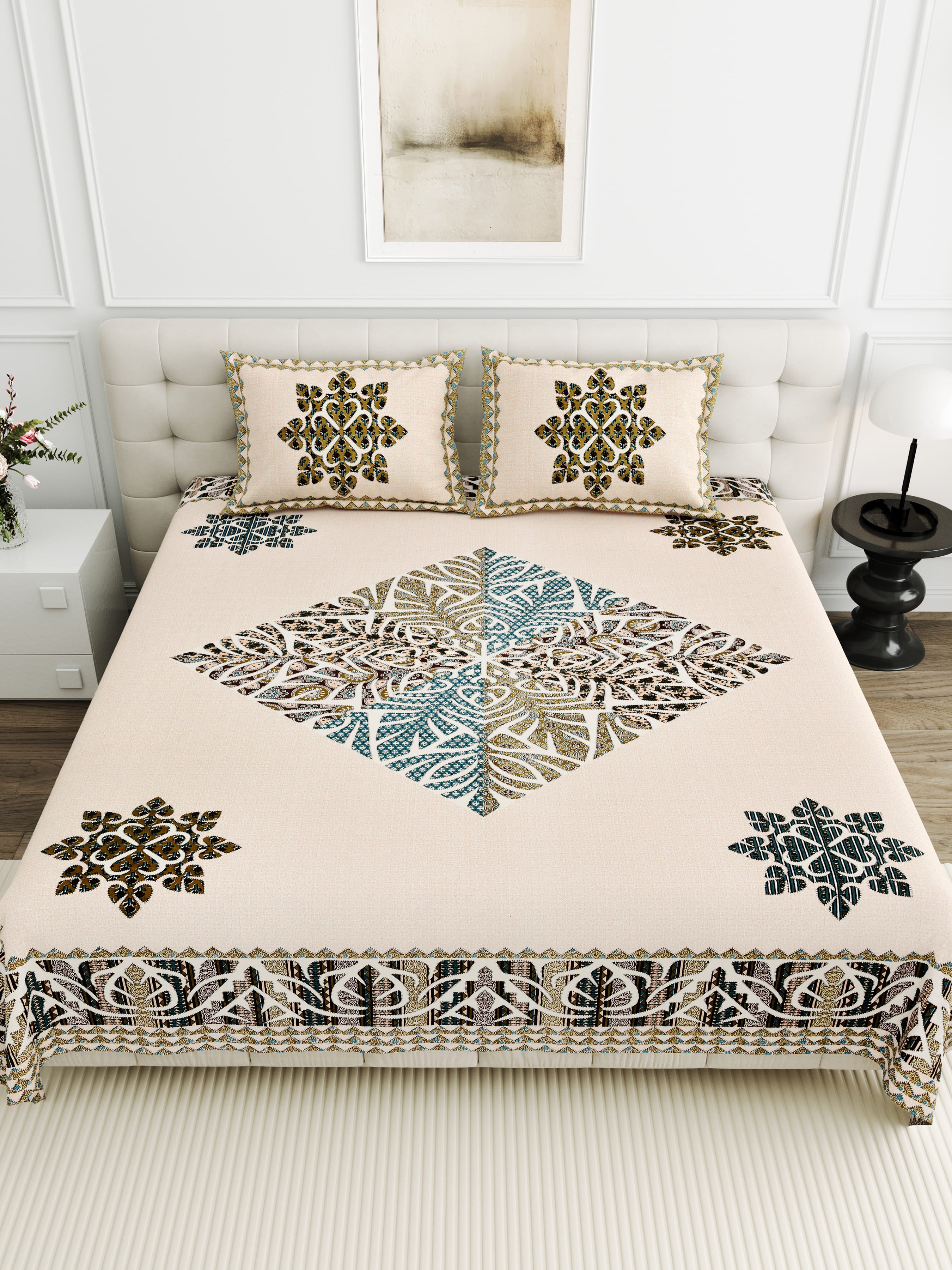 Viscose Gangour Collection 95x108 Double Bedsheet with Geometric Floral Design