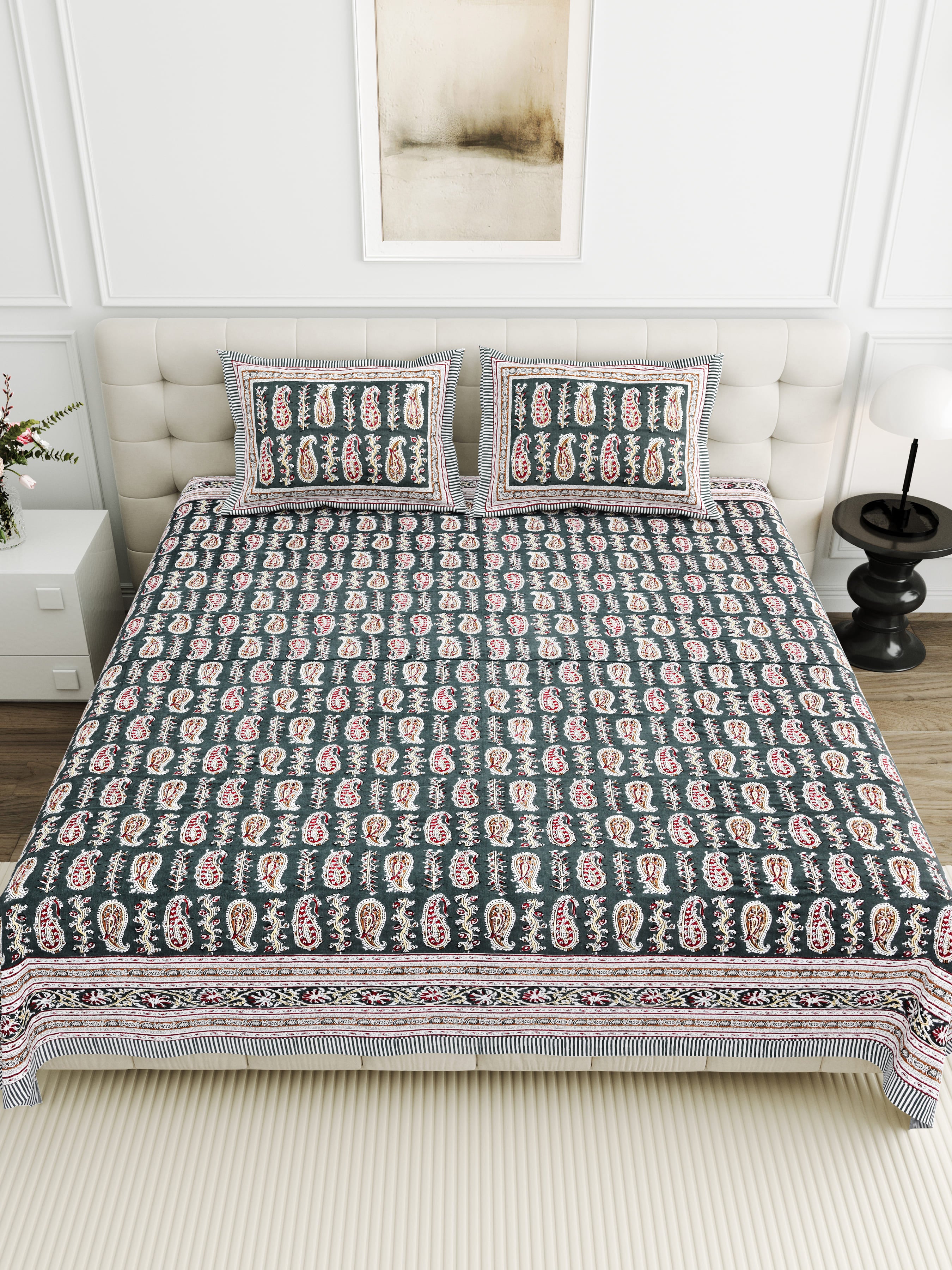 Viscose Bindaas Collection 95x108 Double Bedsheet with Traditional Paisley & Border Detailing