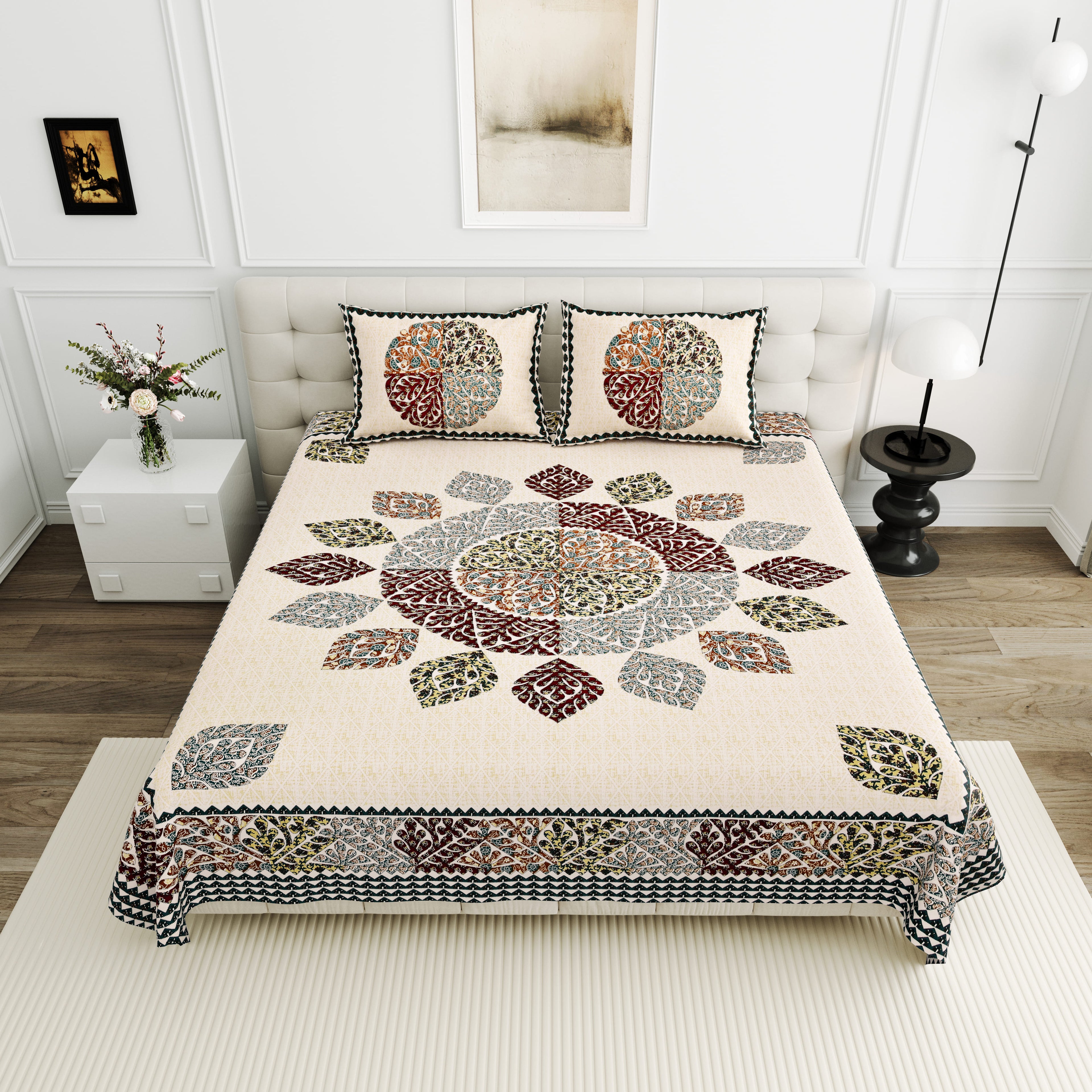 95-108 Viscose Gangour Collection Double Bedsheet with Floral Mandala Design
