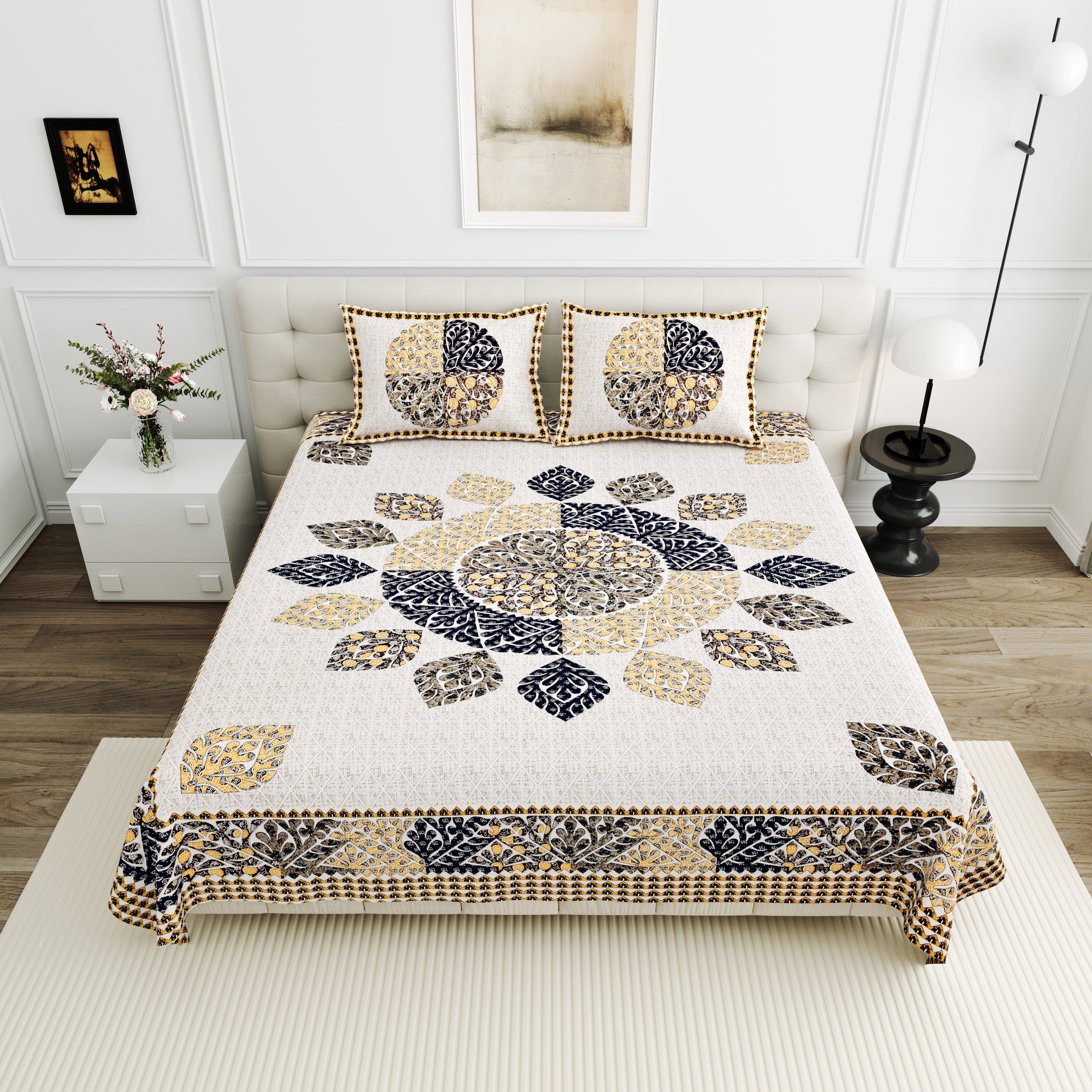 95-108 Viscose Gangour Collection Double Bedsheet with Floral Mandala Design