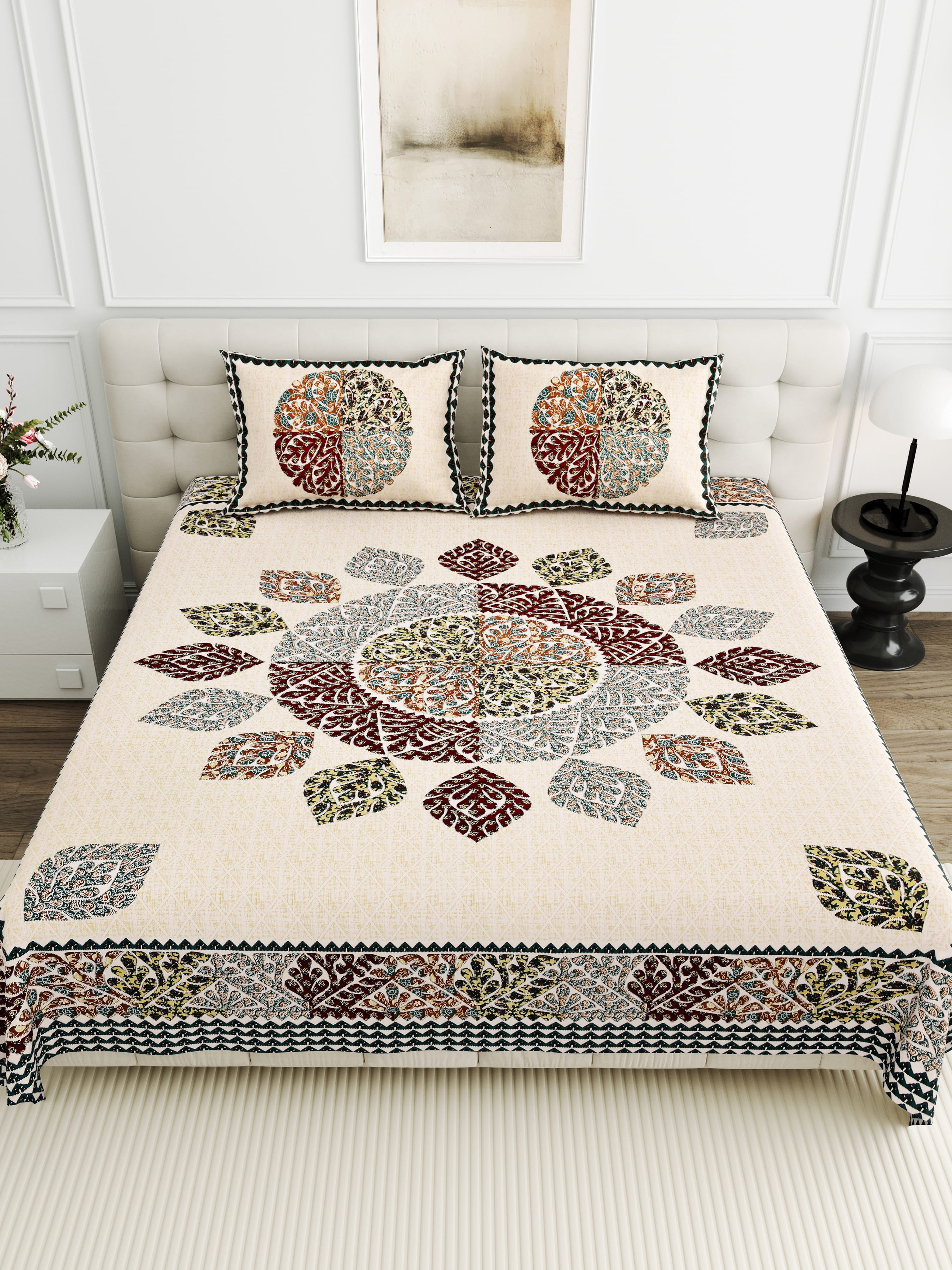 95-108 Viscose Gangour Collection Double Bedsheet with Floral Mandala Design