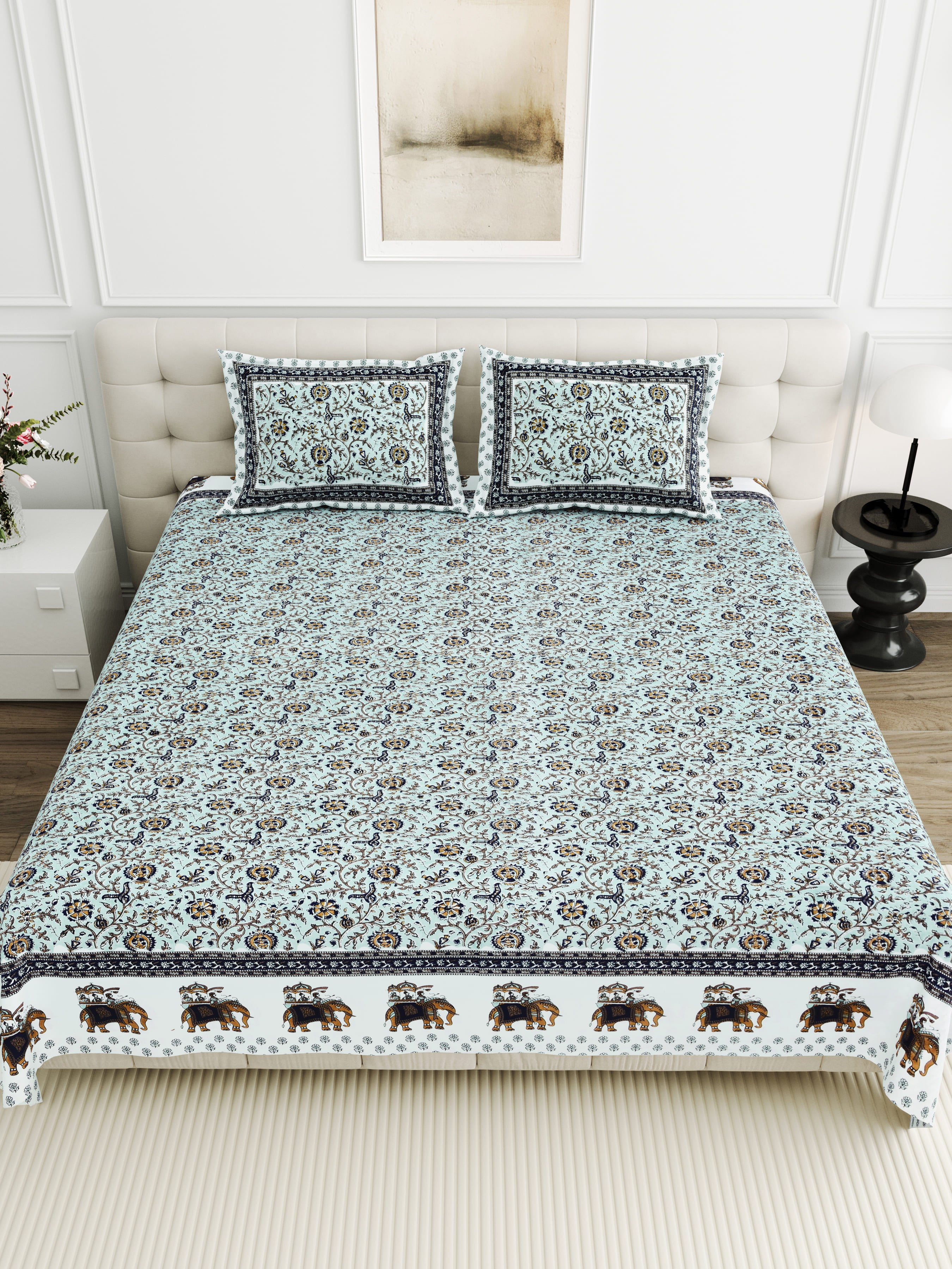 Viscose Bindaas Collection 95x108 Double Bedsheet with Heritage Elephant Border Design