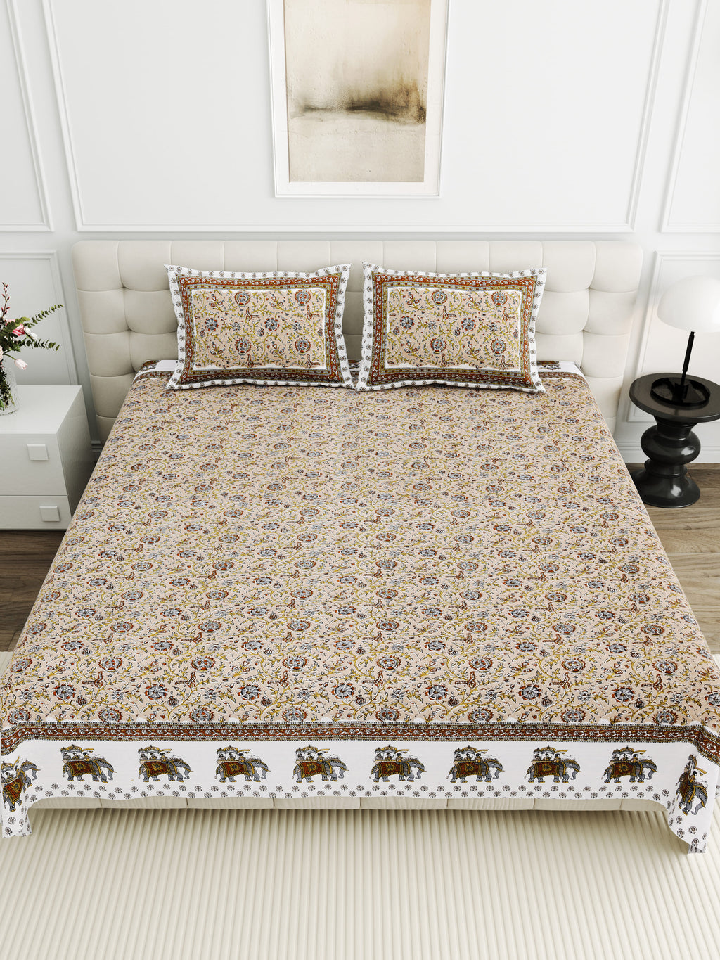 Viscose Bindaas Collection 95x108 Double Bedsheet with Heritage Elephant Border Design