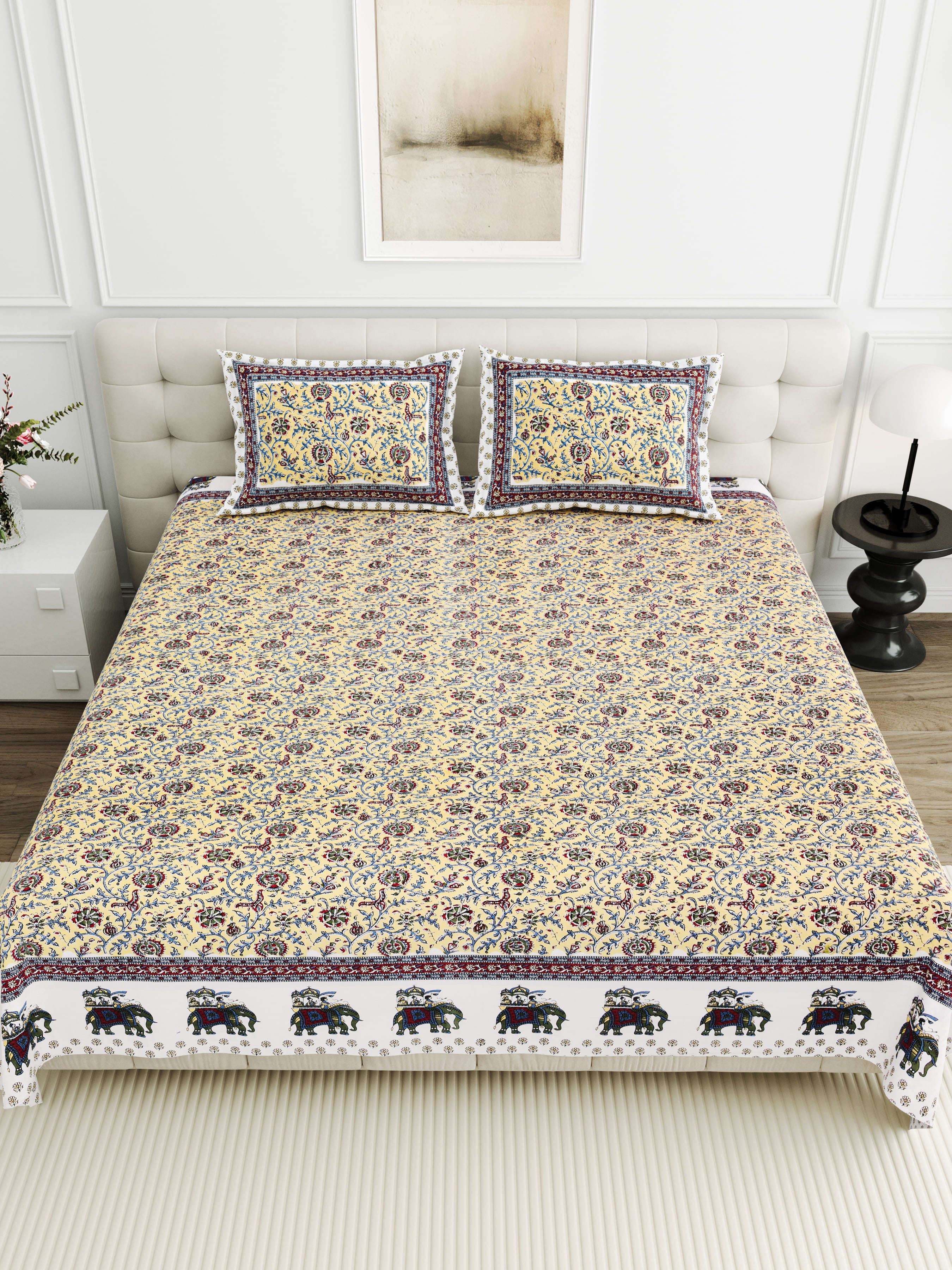 Viscose Bindaas Collection 95x108 Double Bedsheet with Heritage Elephant Border Design