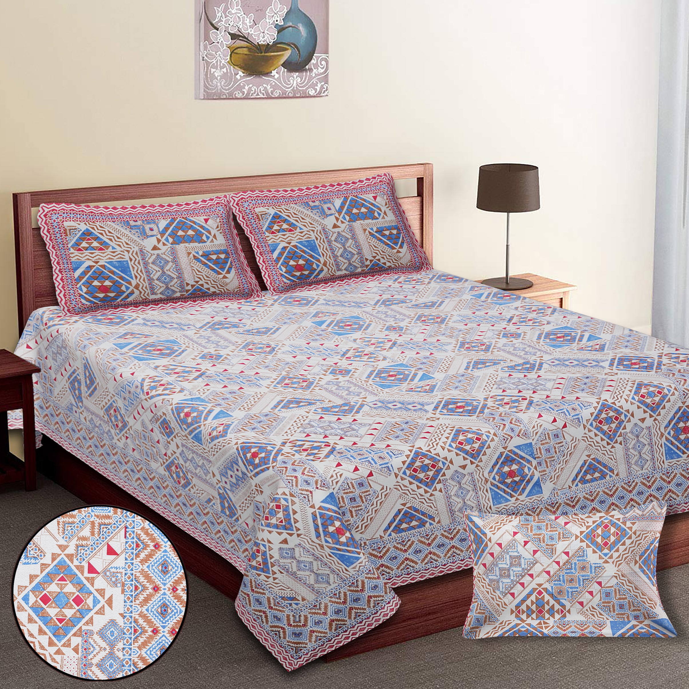 70/100 Artistic Collection 100% Cotton Single Bedsheet with 2 Pillow Covers (70x100)
