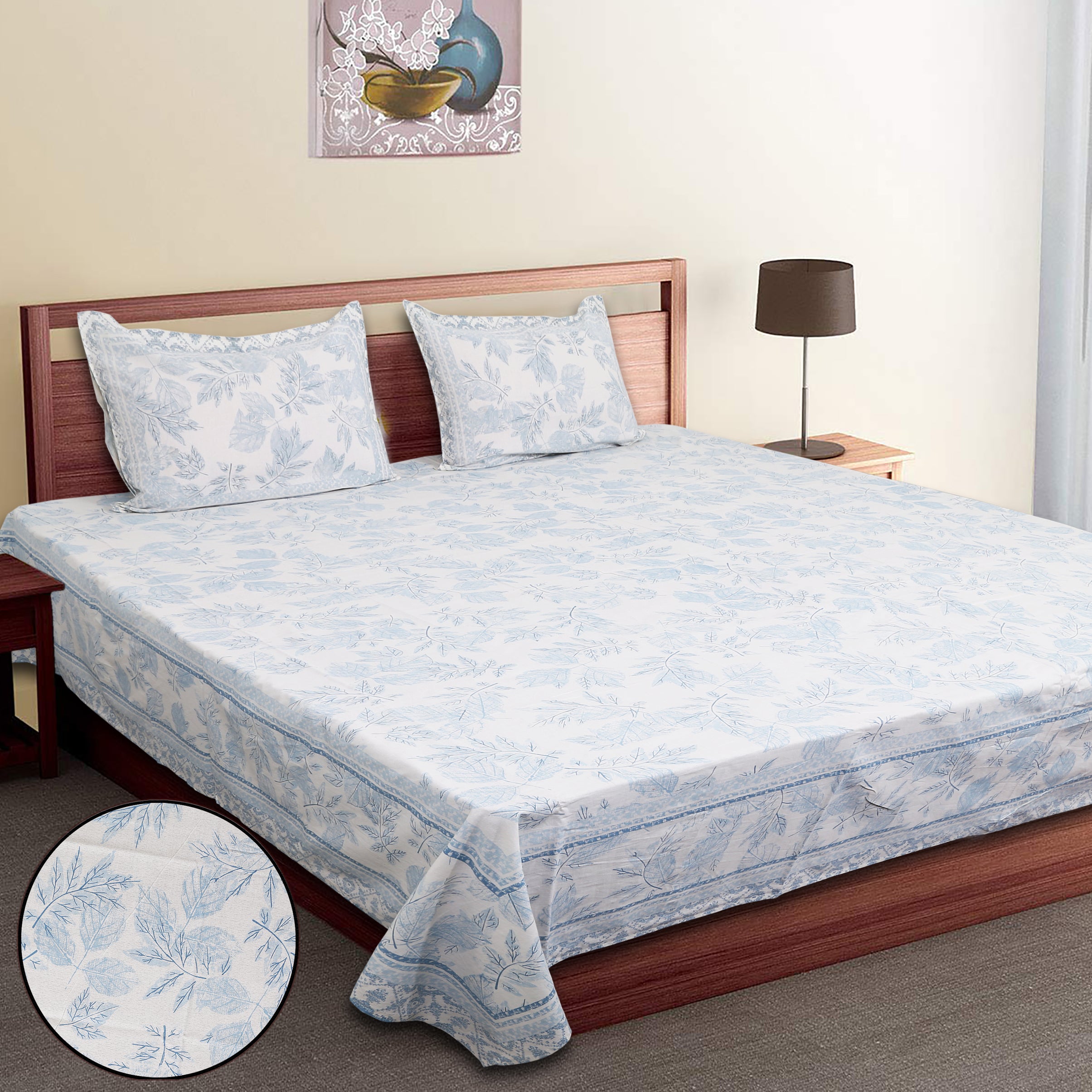 70/100 Elegant Leaf Print Artistic Collection 100% Cotton Single Bedsheet with 2 Pillow Covers (70x100)