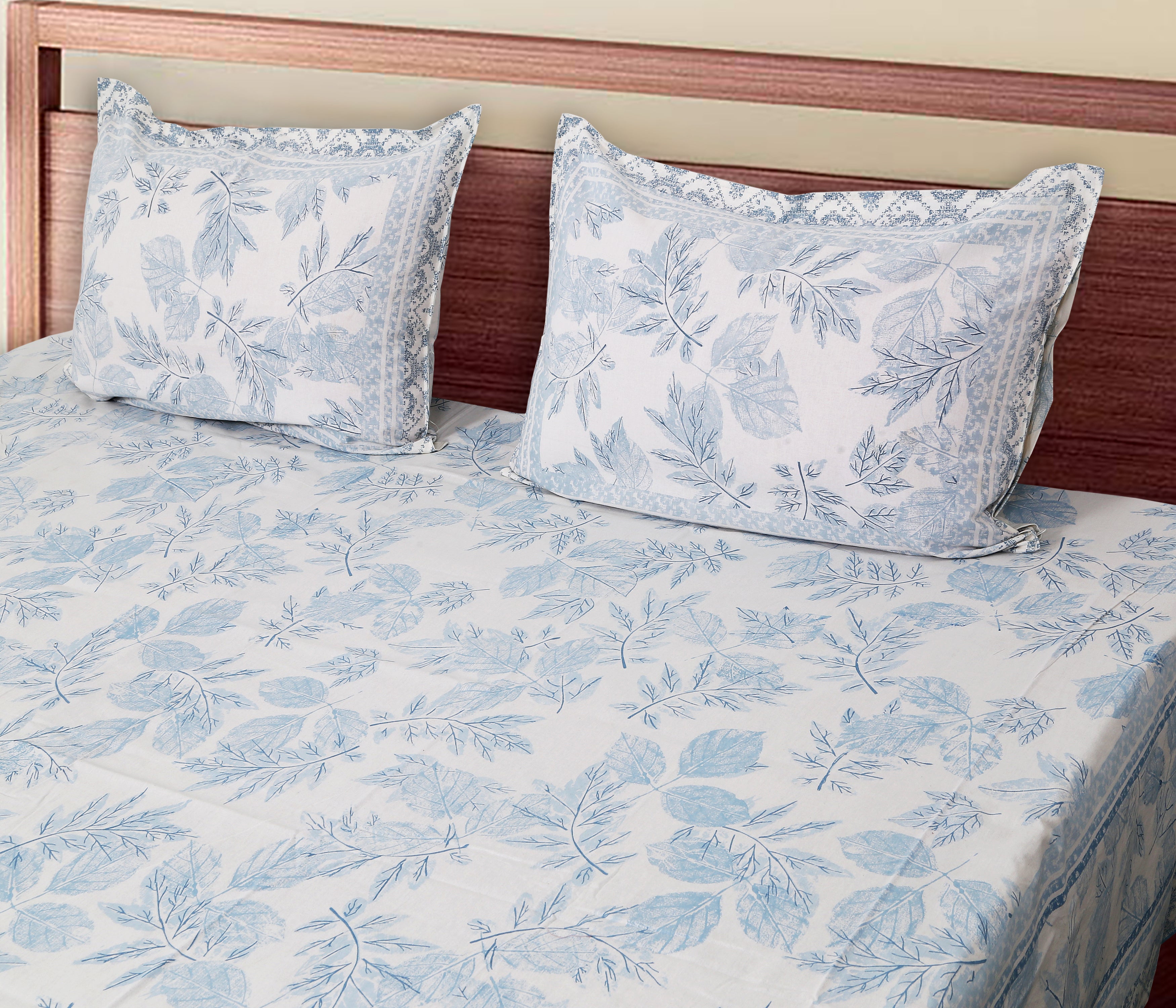 70/100 Elegant Leaf Print Artistic Collection 100% Cotton Single Bedsheet with 2 Pillow Covers (70x100)