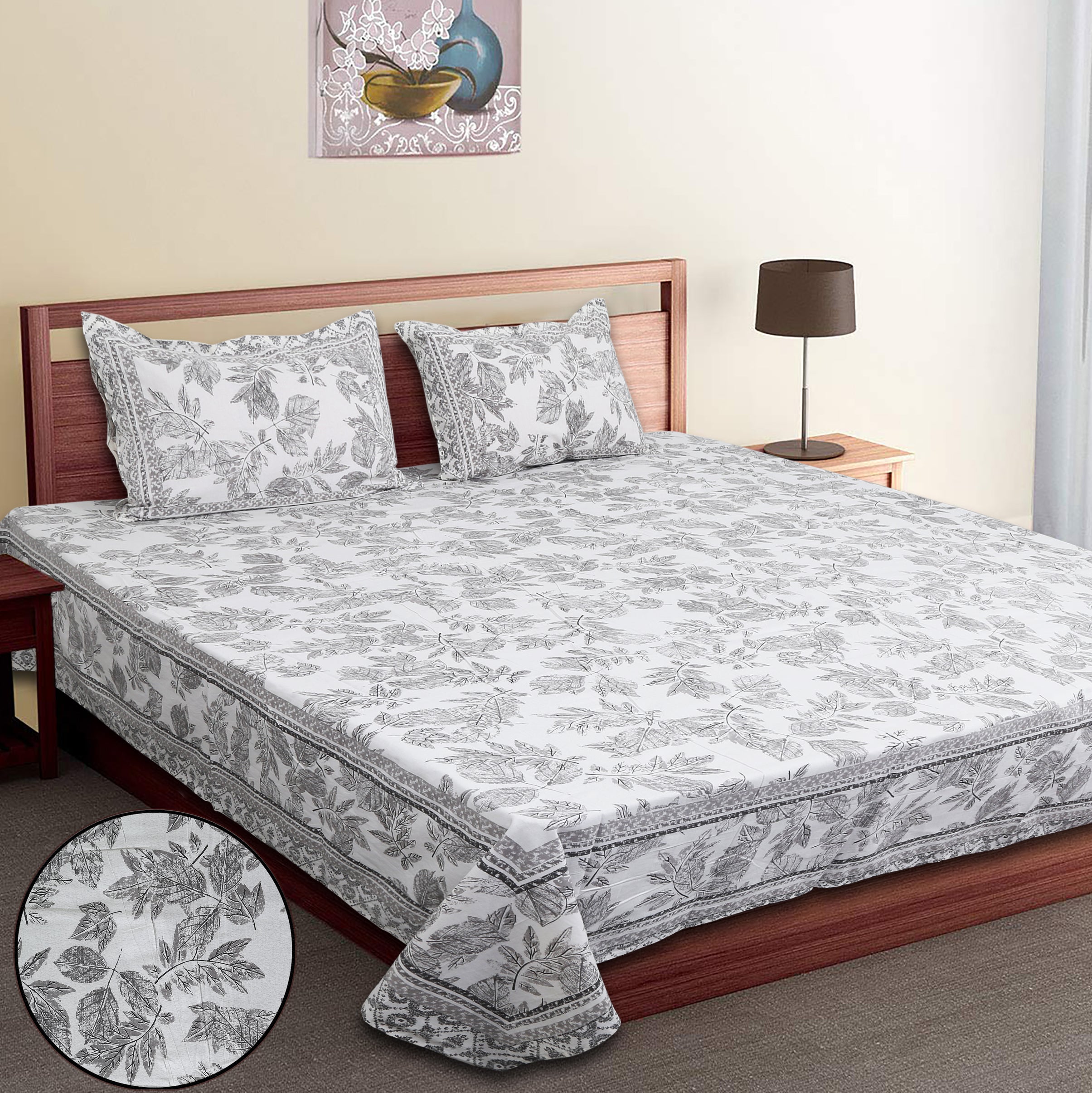 70/100 Elegant Leaf Print Artistic Collection 100% Cotton Single Bedsheet with 2 Pillow Covers (70x100)