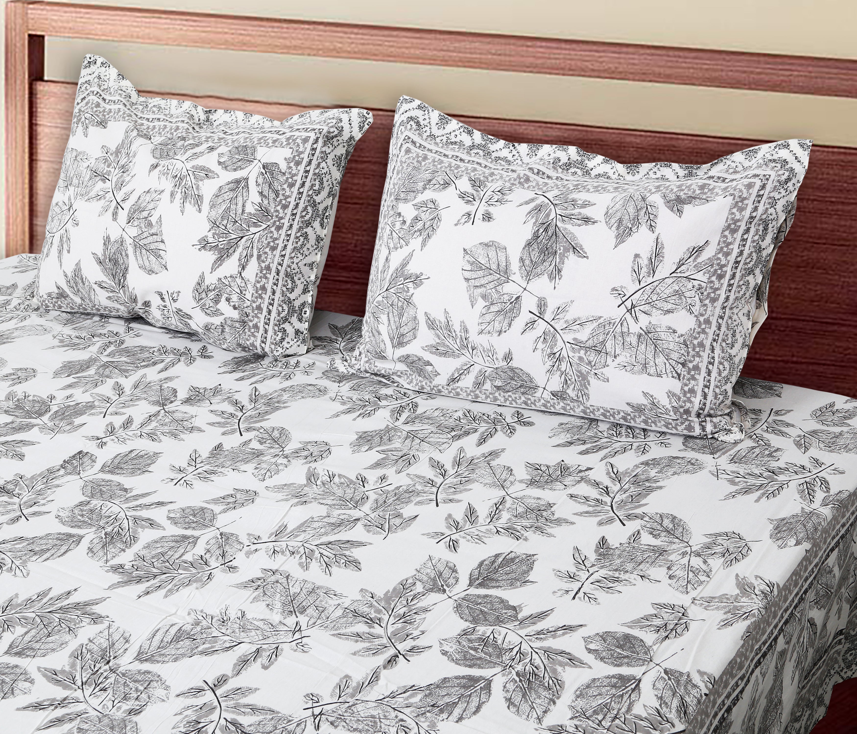 70/100 Elegant Leaf Print Artistic Collection 100% Cotton Single Bedsheet with 2 Pillow Covers (70x100)