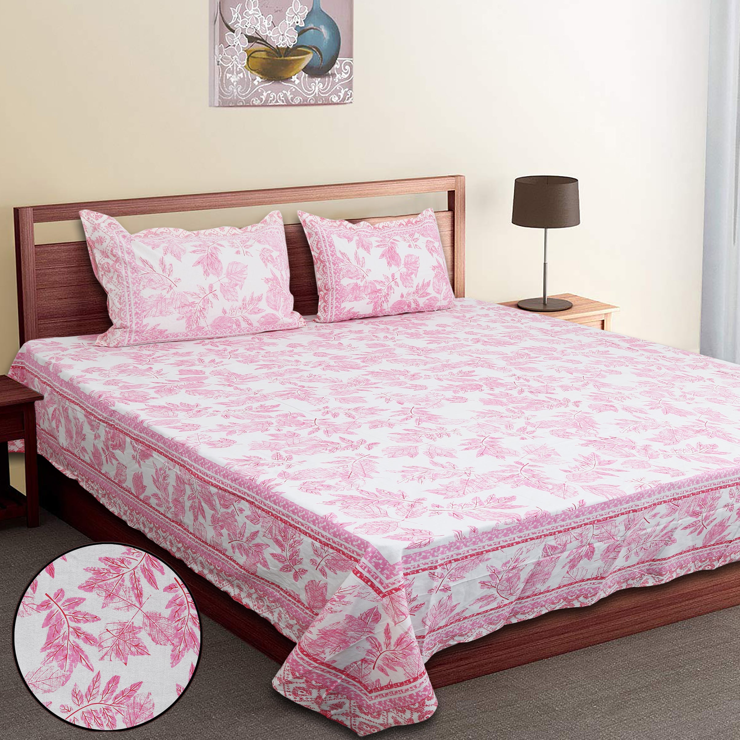 70/100 Elegant Leaf Print Artistic Collection 100% Cotton Single Bedsheet with 2 Pillow Covers (70x100)