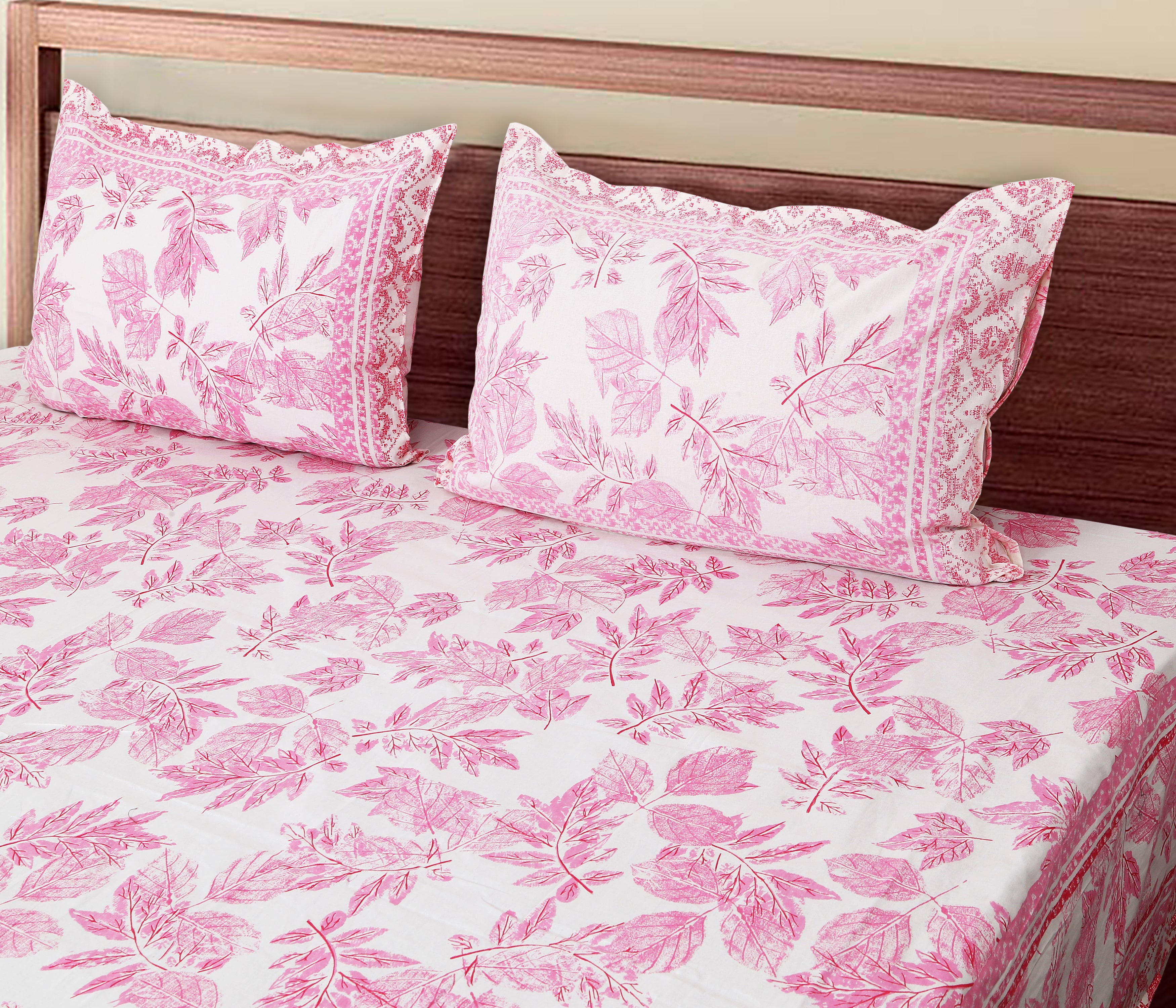 70/100 Elegant Leaf Print Artistic Collection 100% Cotton Single Bedsheet with 2 Pillow Covers (70x100)