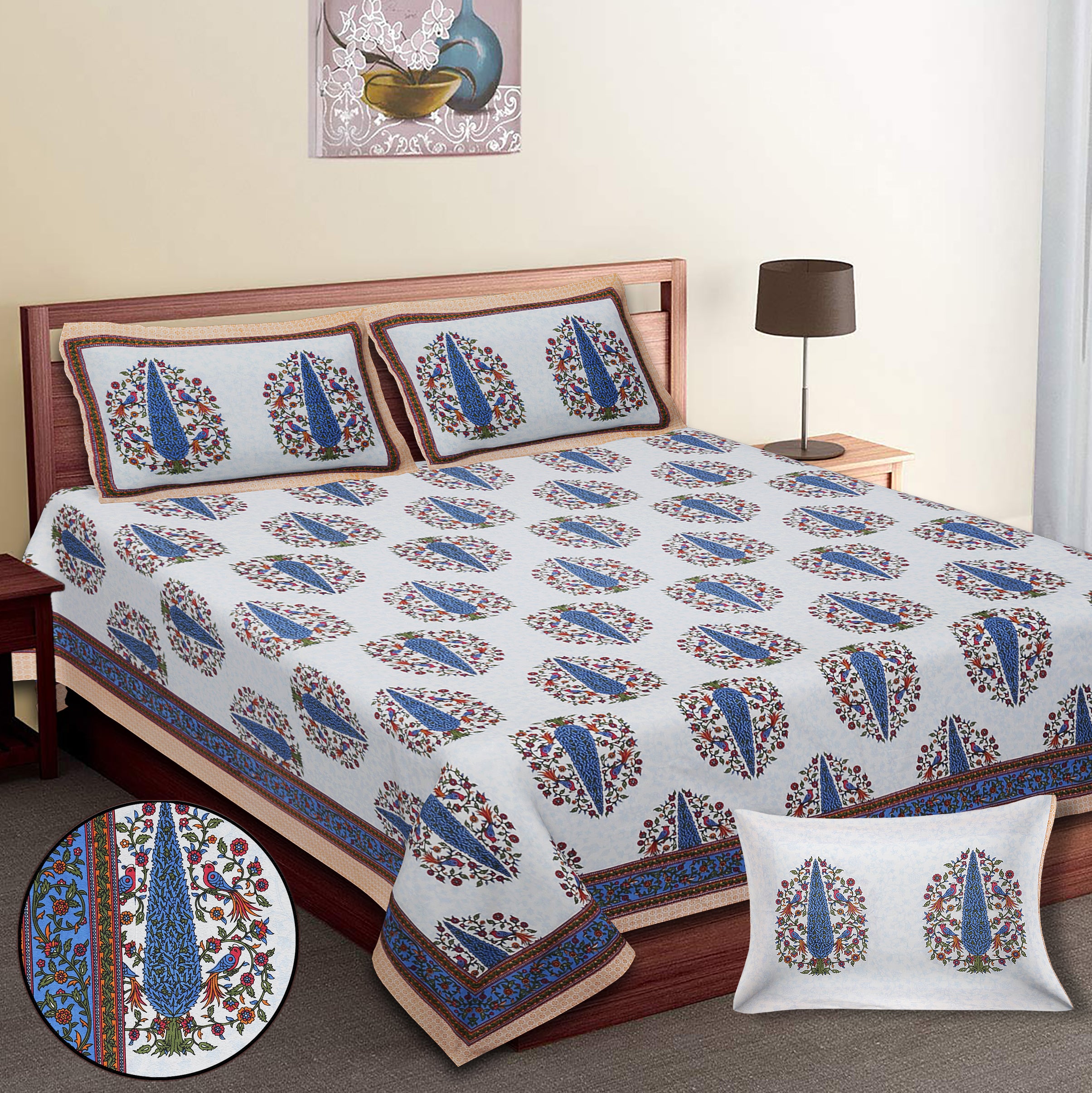 70/100 Royal Tree Motif Artistic Collection 100% Cotton Single Bedsheet with 2 Pillow Covers (70x100)