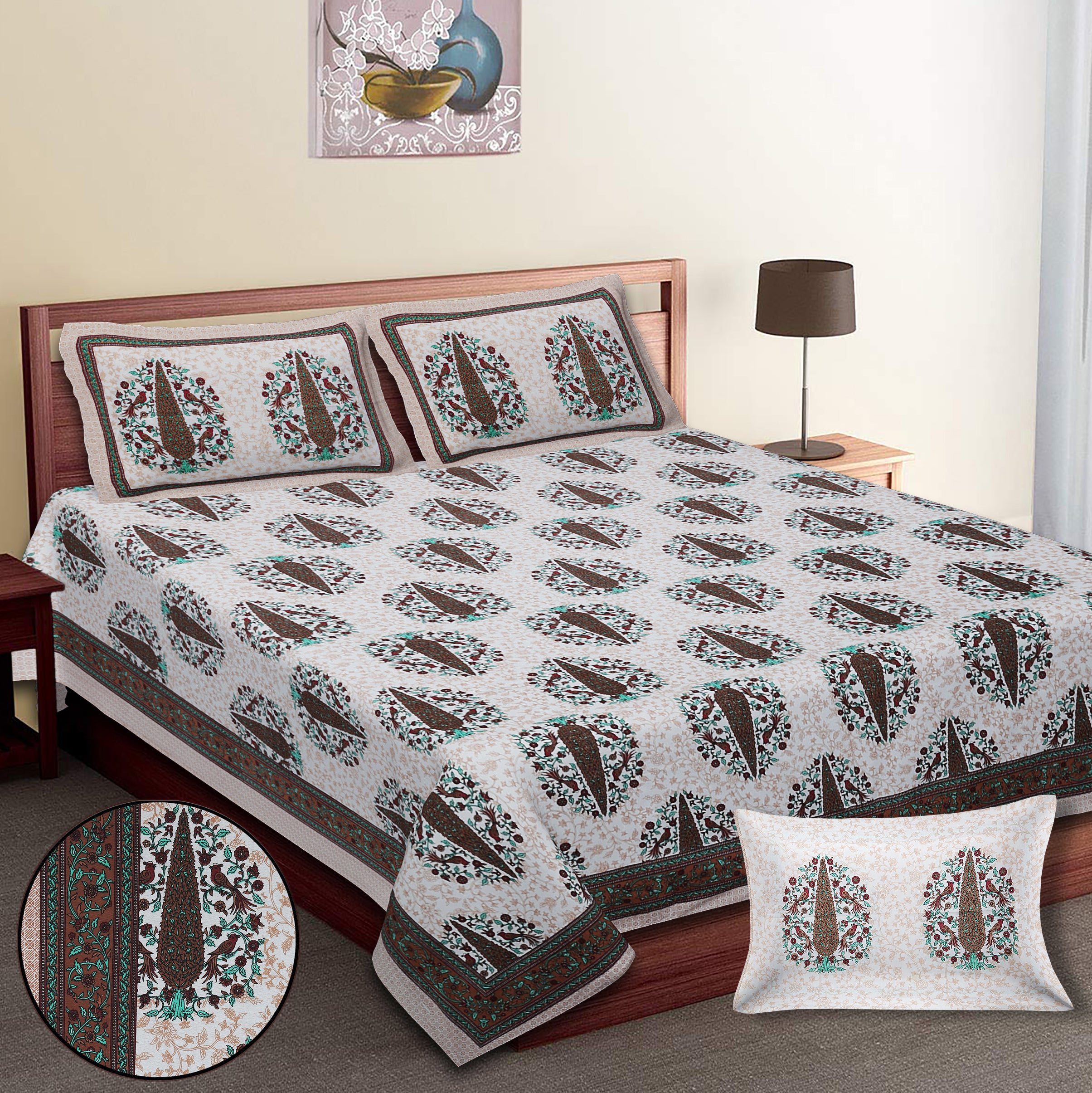 70/100 Royal Tree Motif Artistic Collection 100% Cotton Single Bedsheet with 2 Pillow Covers (70x100)