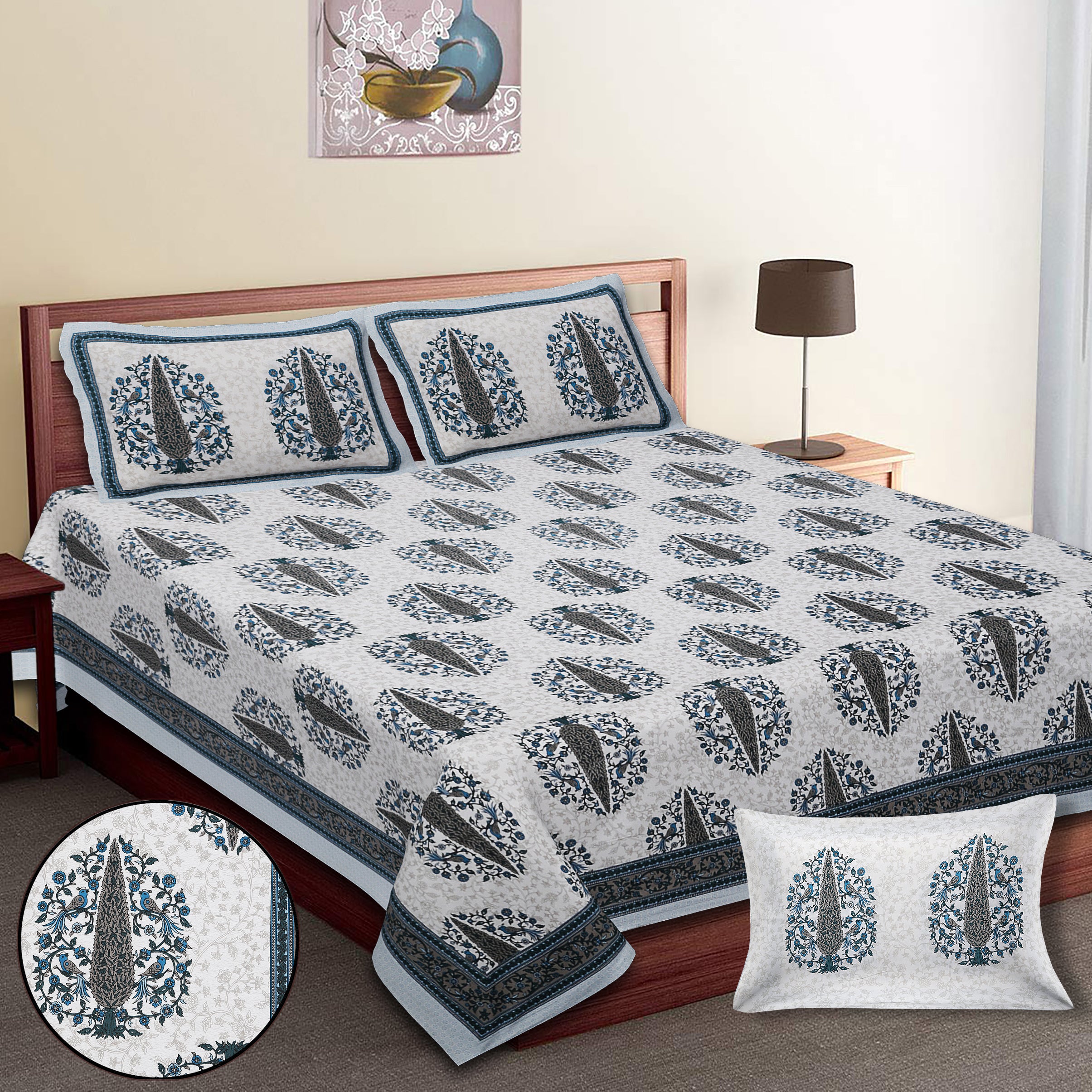 70/100 Royal Tree Motif Artistic Collection 100% Cotton Single Bedsheet with 2 Pillow Covers (70x100)
