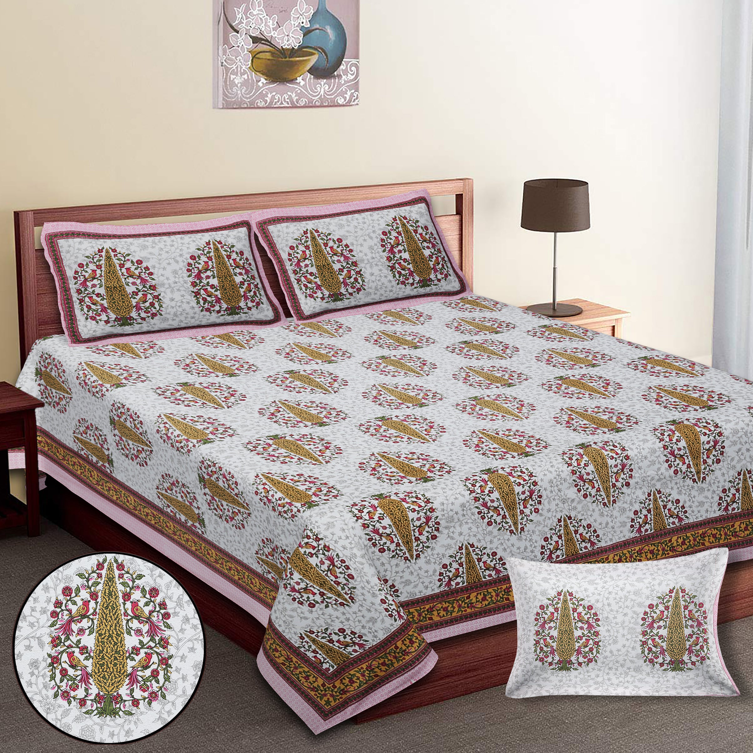 70/100 Royal Tree Motif Artistic Collection 100% Cotton Single Bedsheet with 2 Pillow Covers (70x100)