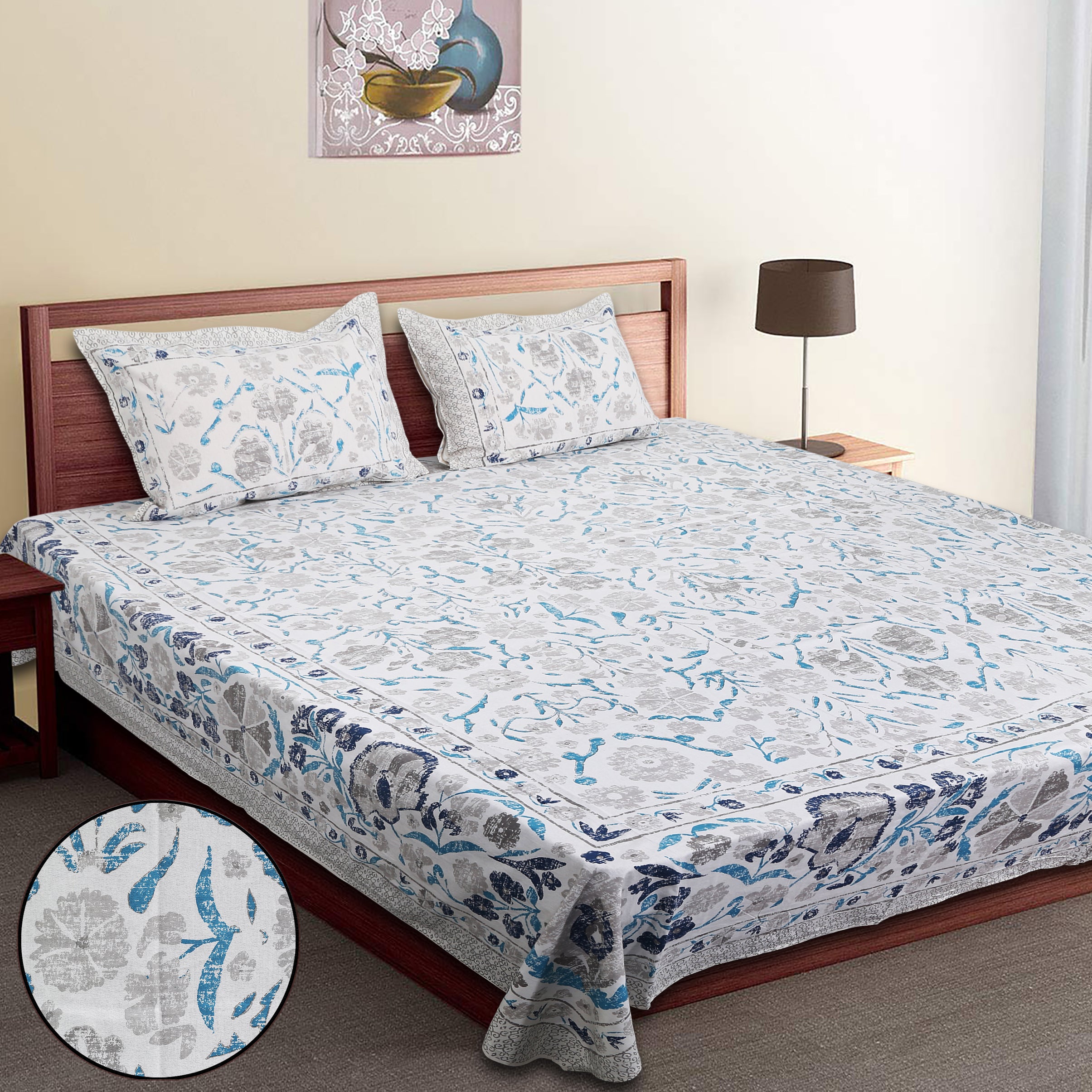 70/100 Floral Harmony Artistic Collection 100% Cotton Single Bedsheet with 2 Pillow Covers (70x100)