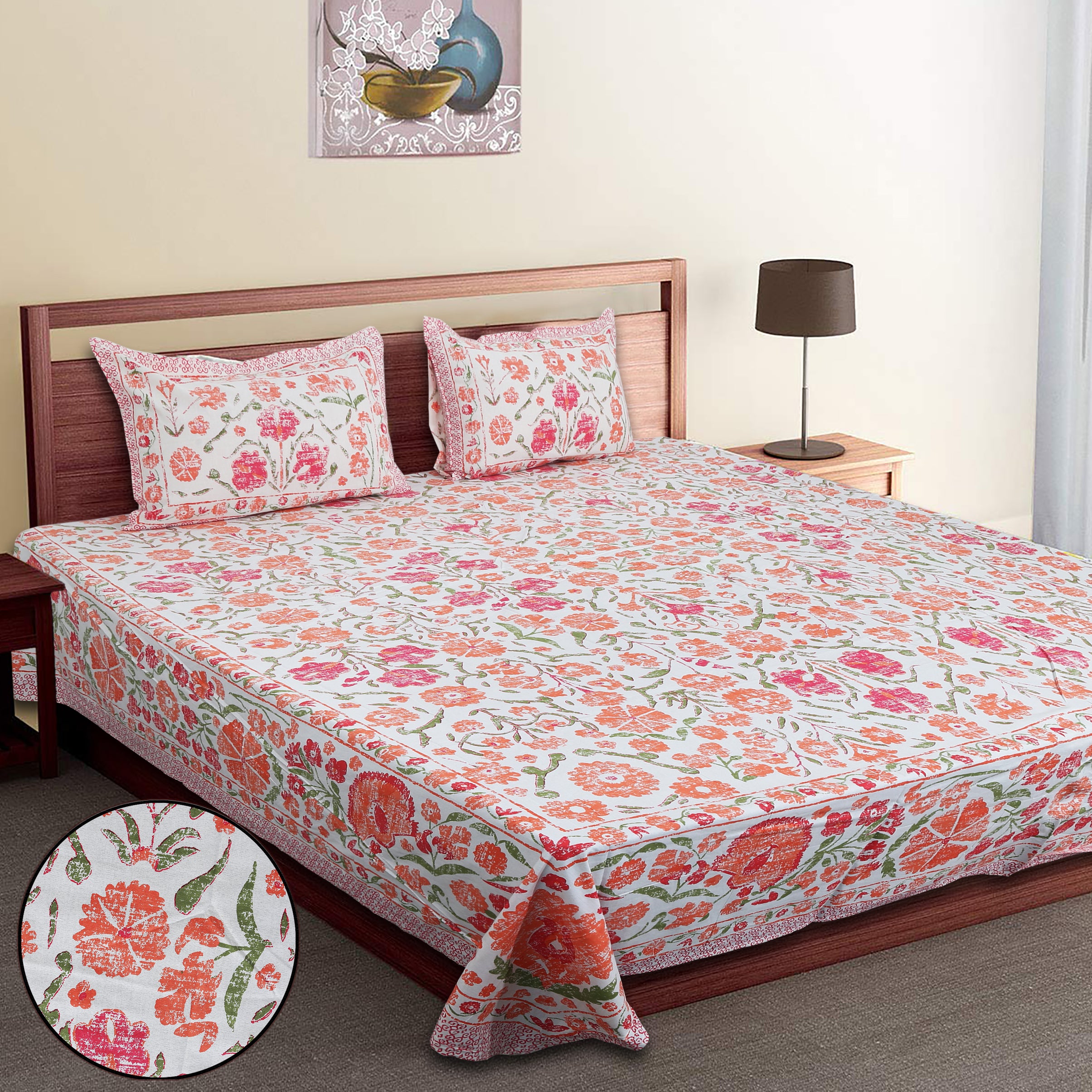 70/100 Floral Harmony Artistic Collection 100% Cotton Single Bedsheet with 2 Pillow Covers (70x100)