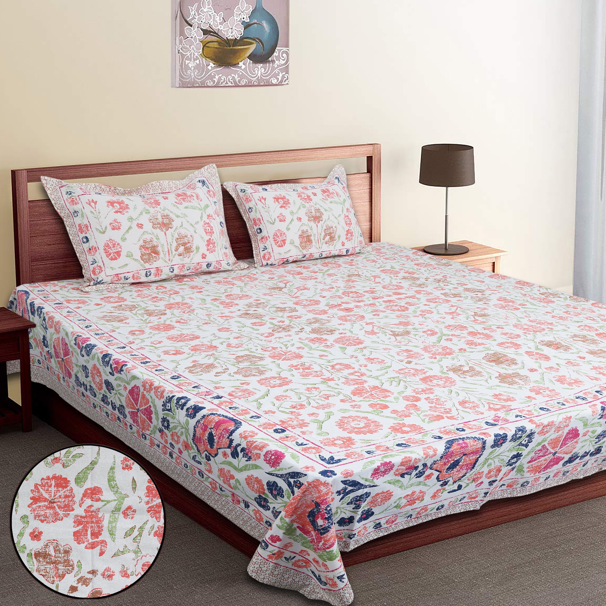 70/100 Floral Harmony Artistic Collection 100% Cotton Single Bedsheet with 2 Pillow Covers (70x100)