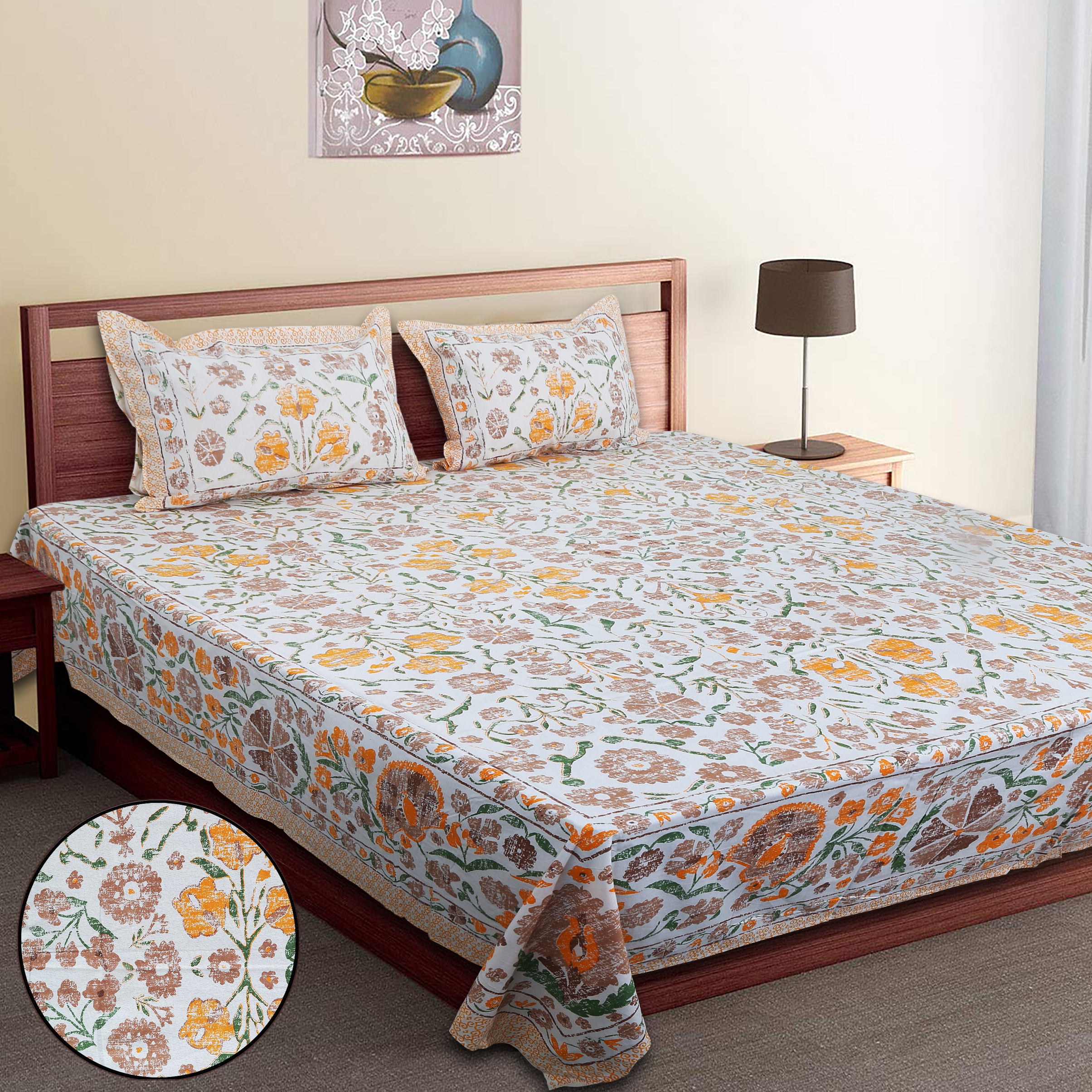 70/100 Floral Harmony Artistic Collection 100% Cotton Single Bedsheet with 2 Pillow Covers (70x100)