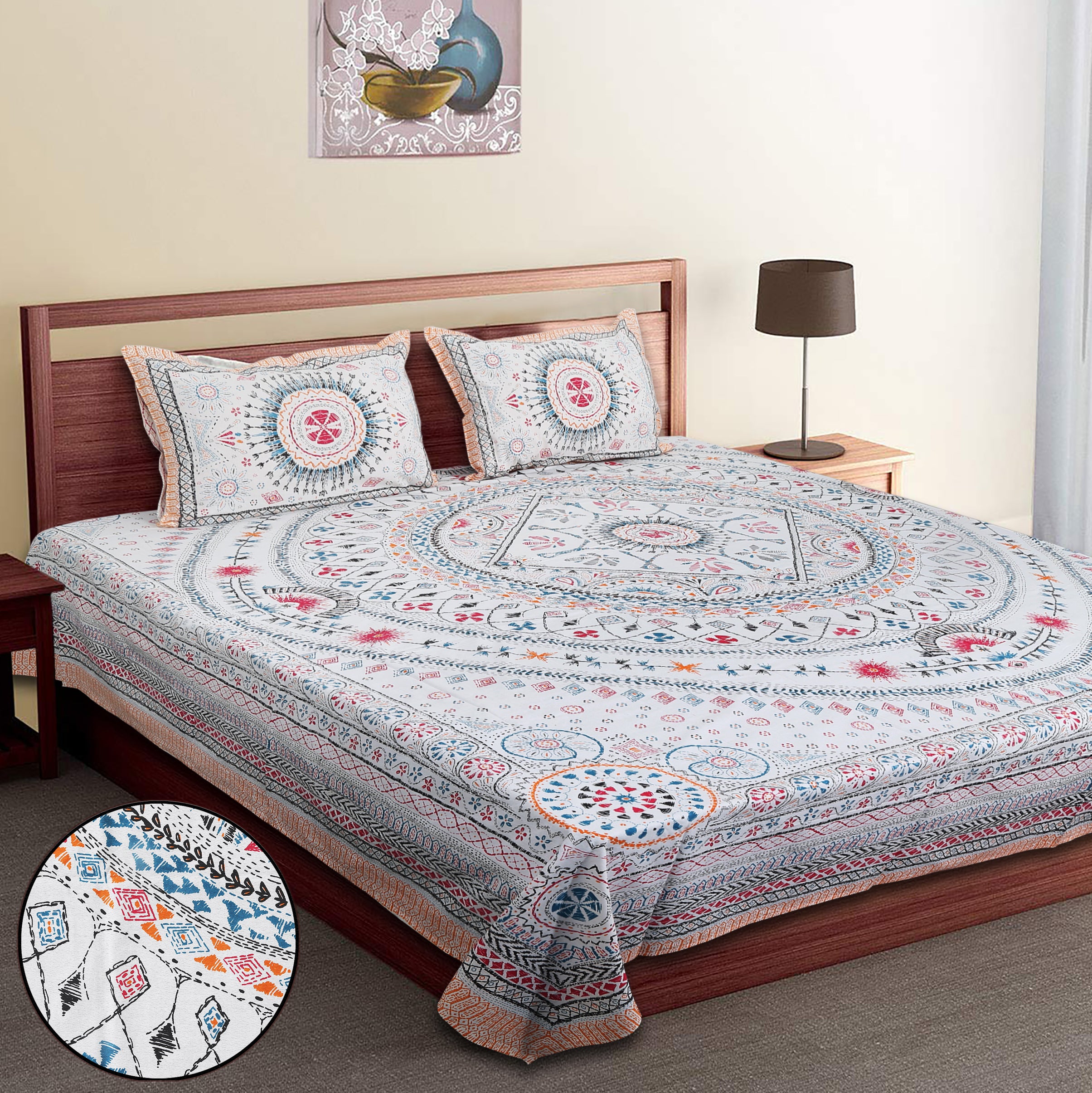 70/100 Mandala Charm Artistic Collection 100% Cotton Single Bedsheet with 2 Pillow Covers (70x100)