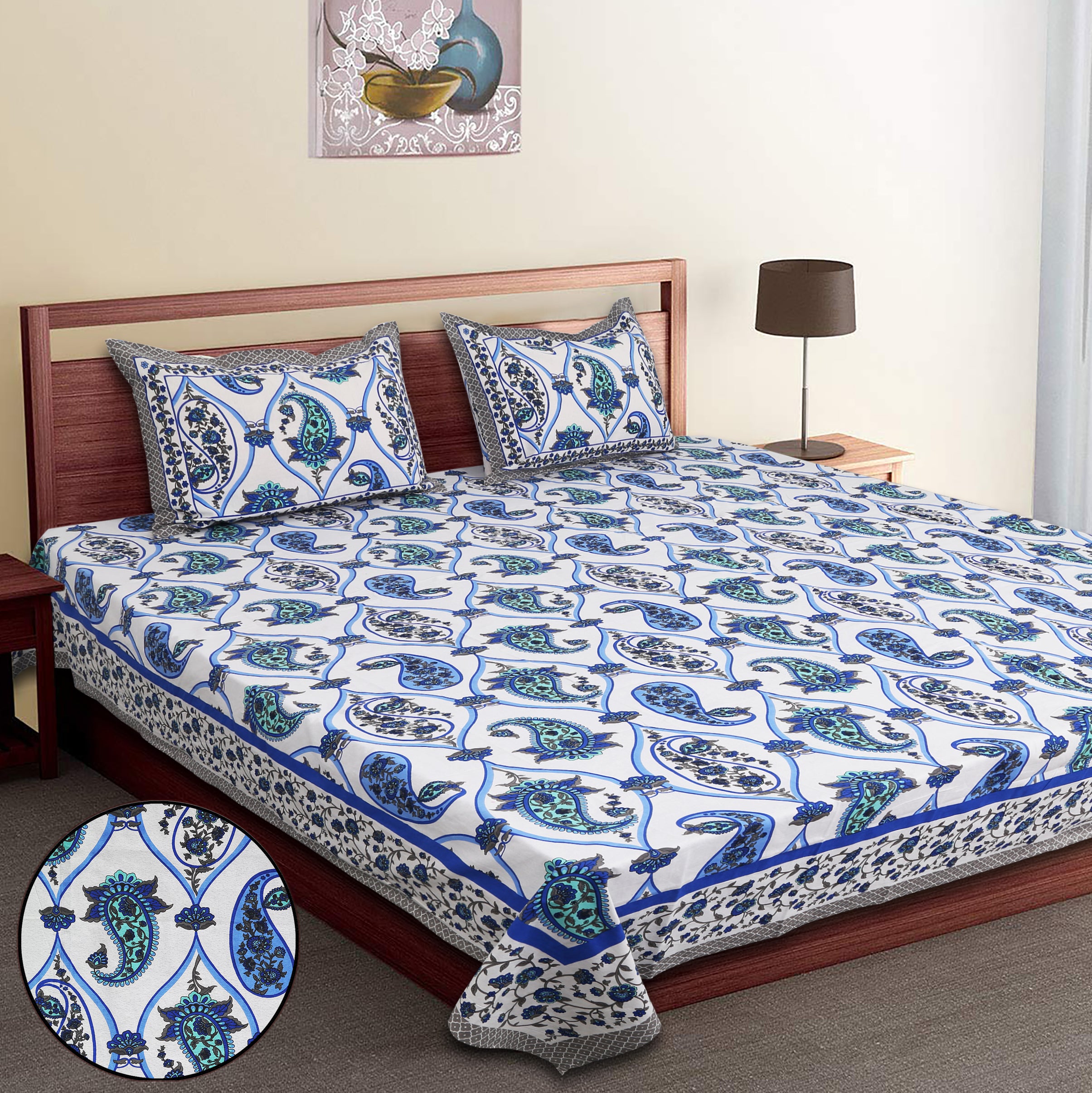Artistic Collection Paisley Pattern Cotton Single Bedsheet with 2 Pillow Covers | Premium 70x100 Inches