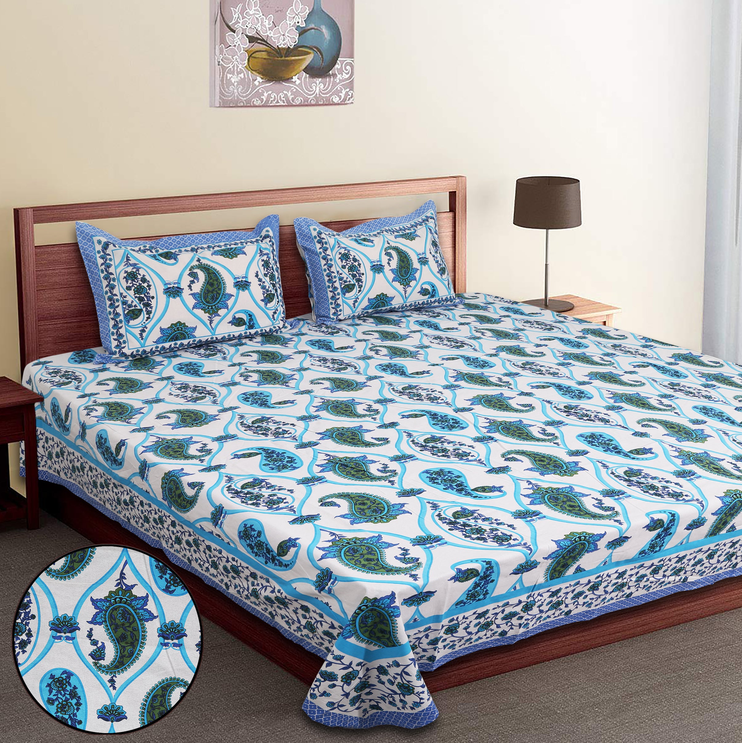 Artistic Collection Paisley Pattern Cotton Single Bedsheet with 2 Pillow Covers | Premium 70x100 Inches