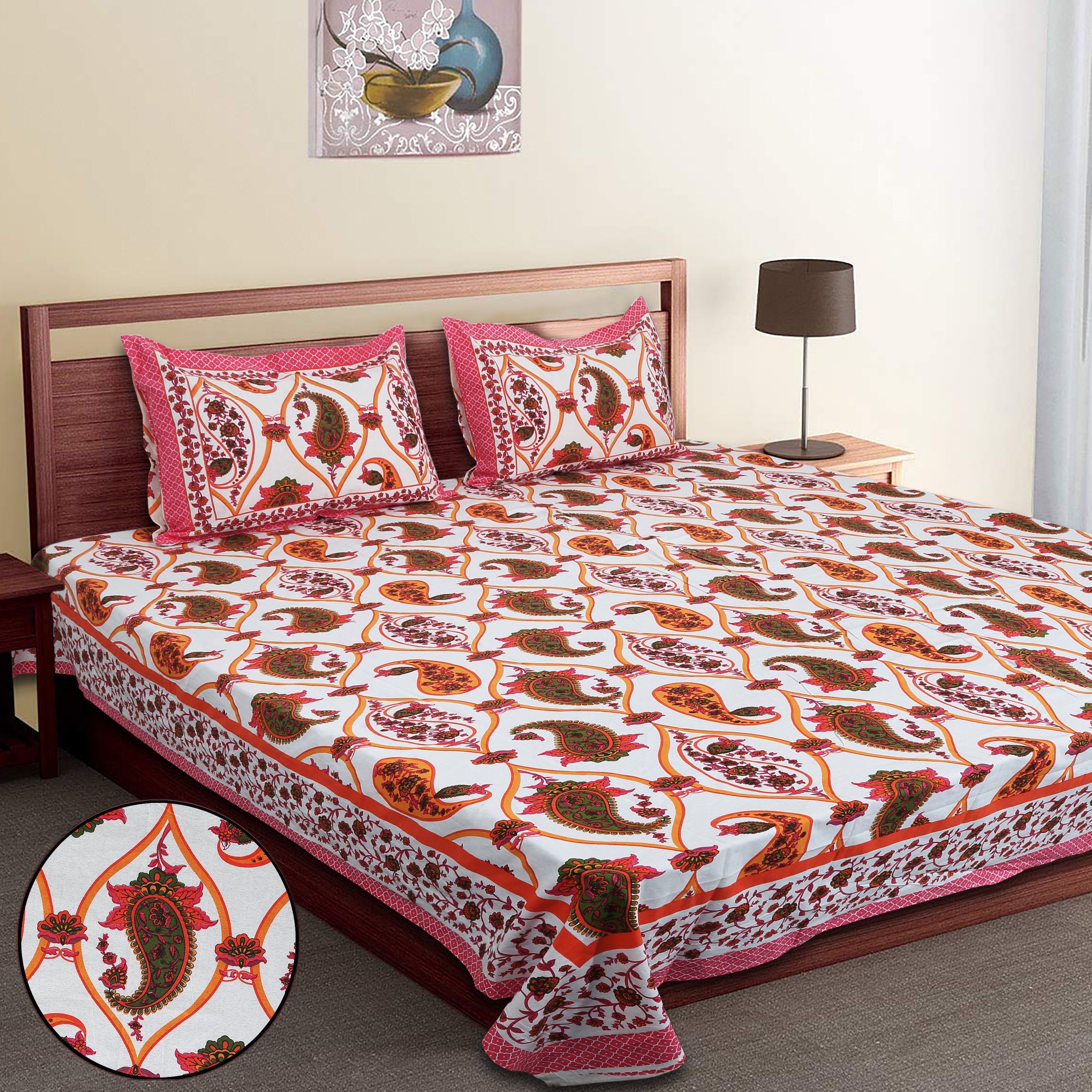 Artistic Collection Paisley Pattern Cotton Single Bedsheet with 2 Pillow Covers | Premium 70x100 Inches