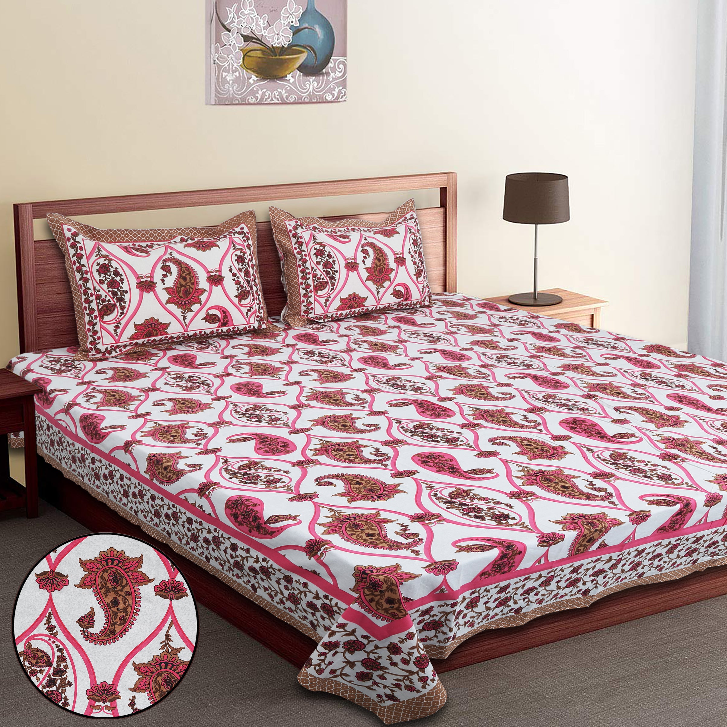 Artistic Collection Paisley Pattern Cotton Single Bedsheet with 2 Pillow Covers | Premium 70x100 Inches